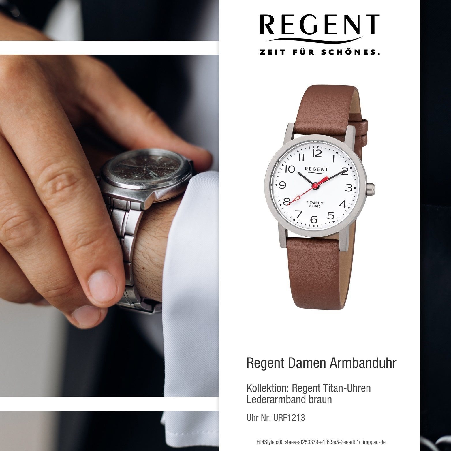 Analoge, Quarzuhr Damen Lederarmband Regent Regent klein Gehäuse, rundes F-1213 braun, Uhr Damenuhr 27mm) Leder (ca.
