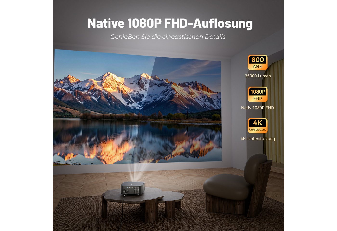 ZOOMCAT ZOOMCAT E1 Beamer 4K Mit Netflix Zertifizierung Beamer (25000 lm, 25000 : 1, 3840x2160, 1920x1080 px, Elektrische Fokussierung, 4D 4P elektronische Trapezkorrektur) schwarz