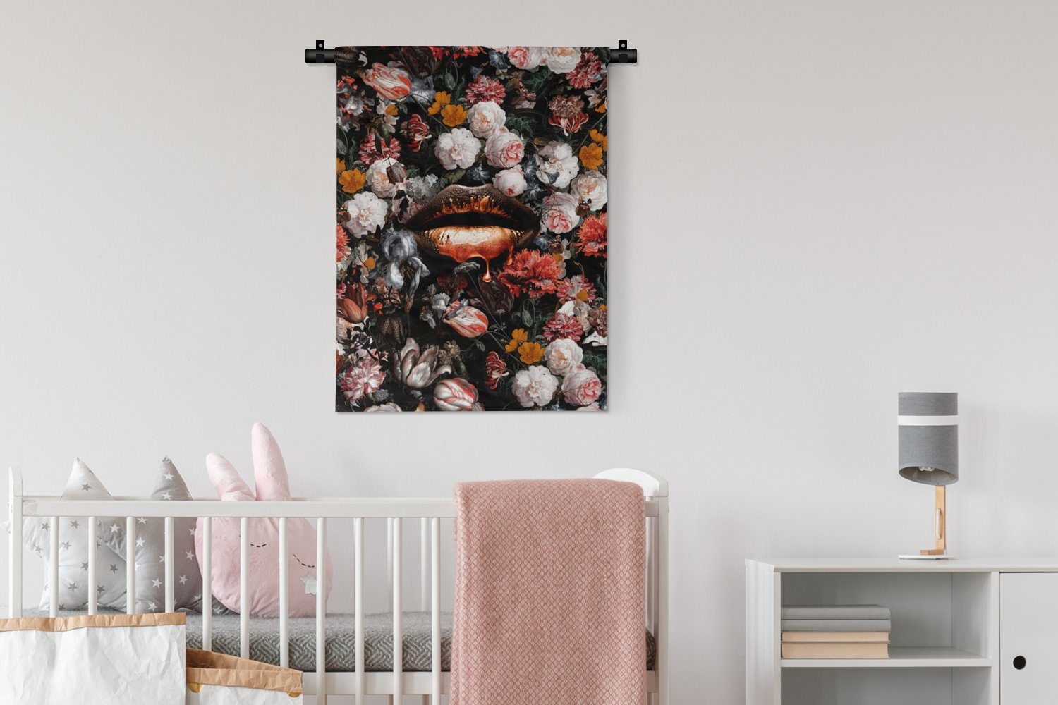 Wand, Wohnzimmer, - Orange an Wanddekoobjekt Tapisserie, Alte MuchoWow Abstrakt - Lippen - für Blumen Meister, Schlafzimmer Kunst Deko - - - Farbe der