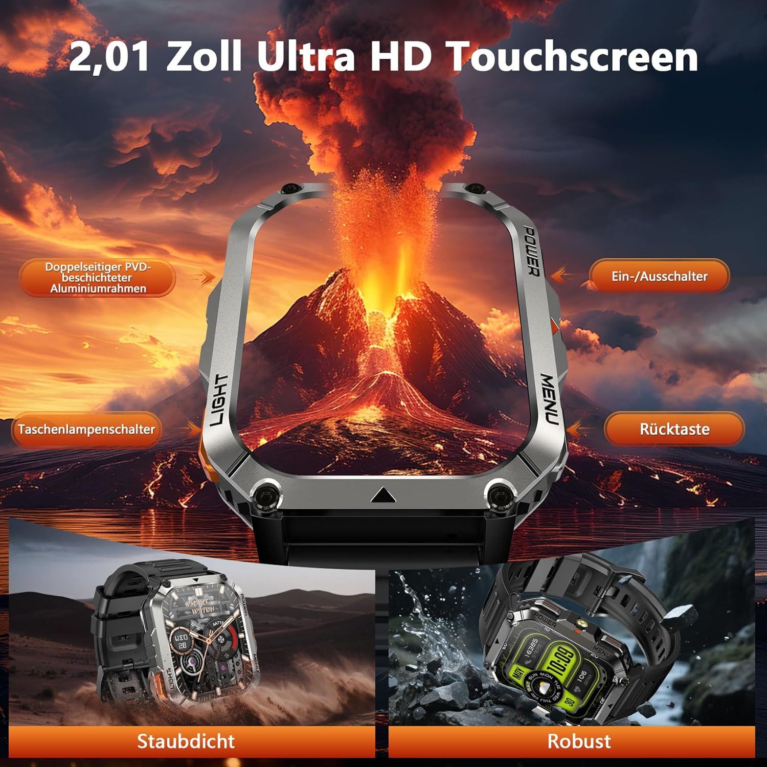 blackview 2,01'' Militär Smartwatch Herren mit 900mAh Fitnessuhr,100+ Sportmodi Smartwatch (5,1 cm/2,01 Zoll, iOS/Android), Sportuhr Herren mit 2 Armbändern,Taschenlampe,IP68,20 Tage Akku,SOS