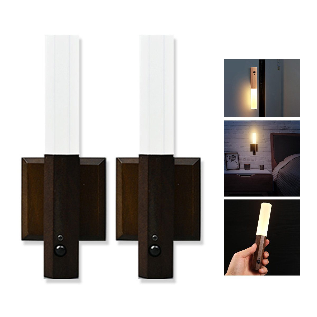 Welikera Wandleuchte 2 Stück Echtholz Smart Bewegungssensor Licht,Vielseitige Wandlampe Walnussholz | Wandleuchten