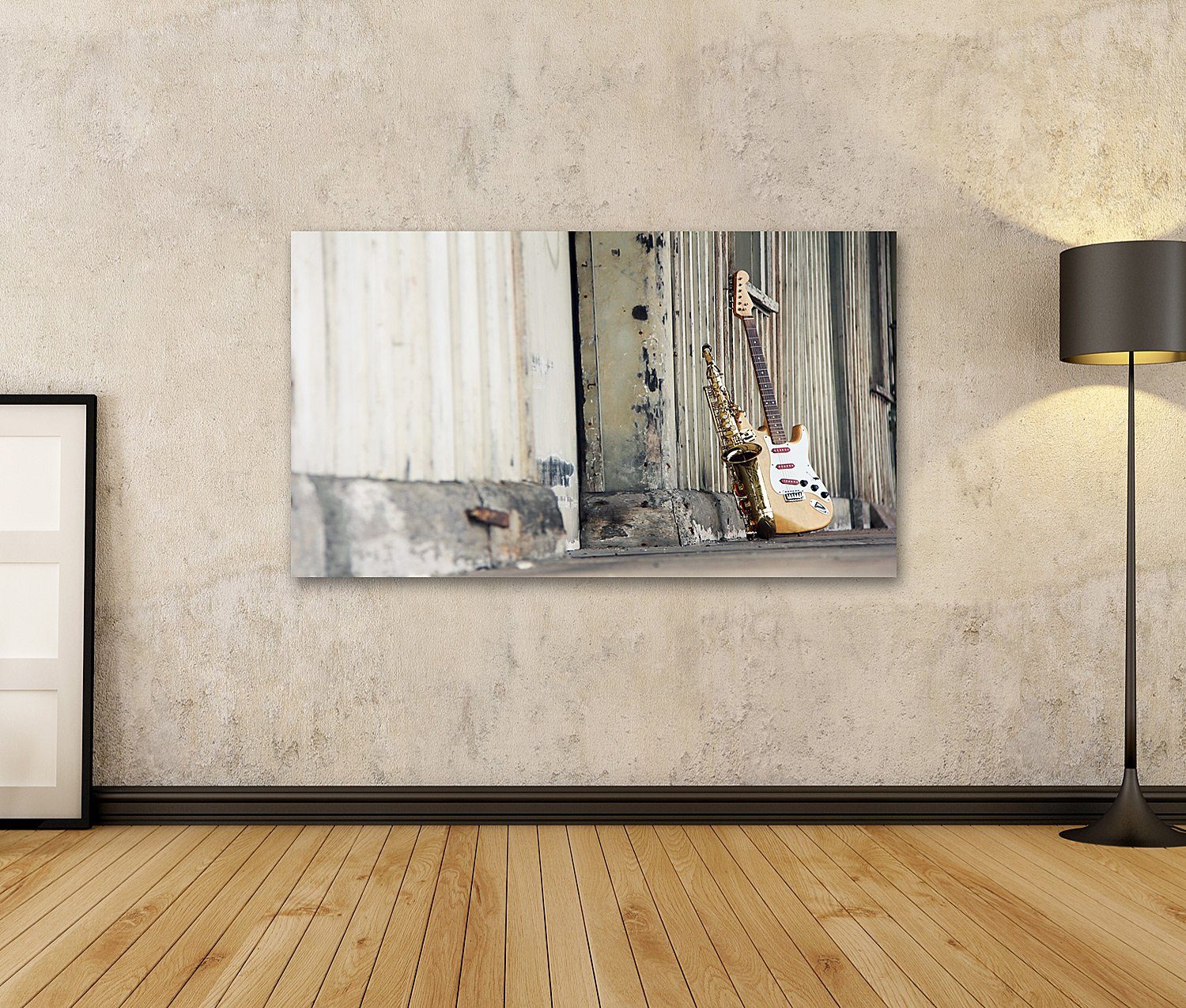 islandburner Leinwandbild Bild auf Leinwand Saxophon Mit Alter Retro Gitarre 100x57cm 1-teilig
