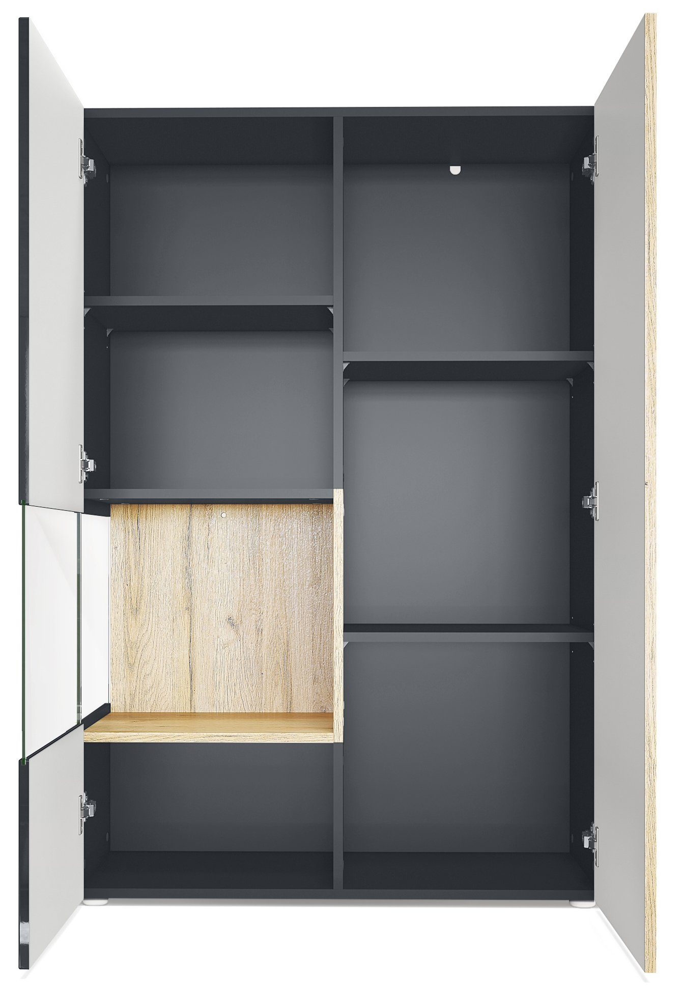 Vladon Standvitrine Morena (Standvitrine, mit 2 Türen dahinter ingesamt 7 Fächer) Schwarz matt/Schwarz Hochglanz/Beton Oxid Optik (92 x 135 x 37 cm)