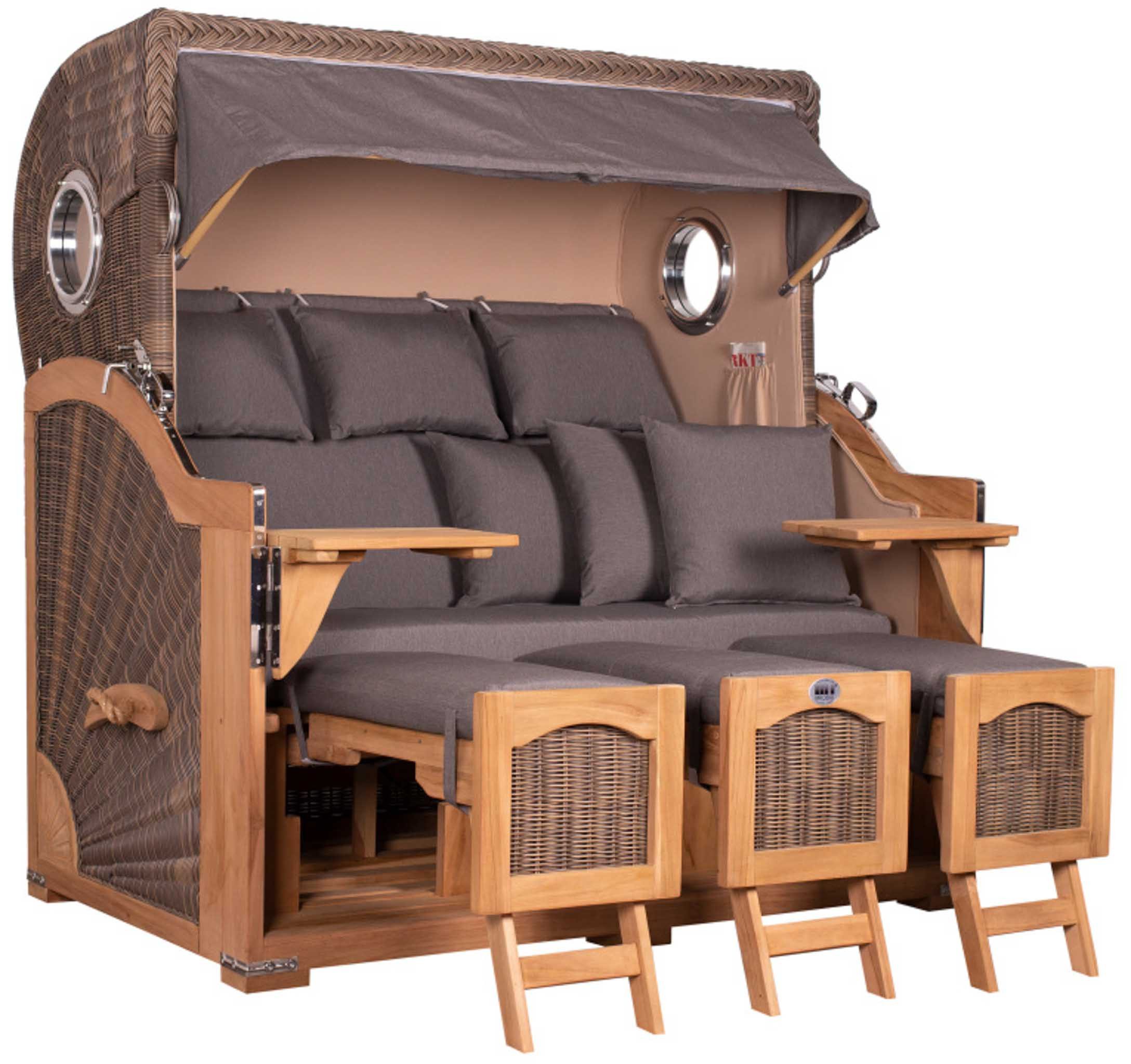 MR.DEKO Strandkorb XXL Düne Grande Familien-Korb Teak PE Grey mit Bullaugen, 3-Sitzer, BxTxH: 170x95x170 cm, Volllieger, Düne, (Fertig montierter Strandkorb für Garten, Terrasse & Balkon), Wetterfester Volllieger mit Edelstahlbeschlägen & waschbaren Polstern