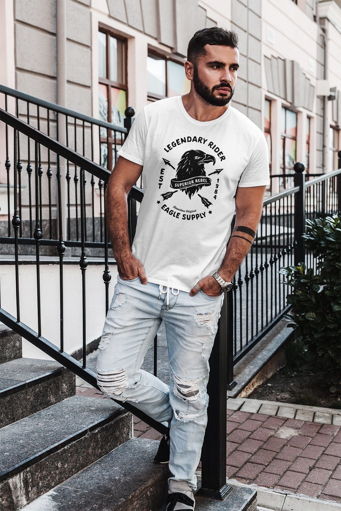 Fit mit Aufdruck T-Shirt Neverless Supply Neverless® Rider Print Legendary Print-Shirt Eagle Herren Slim weiß