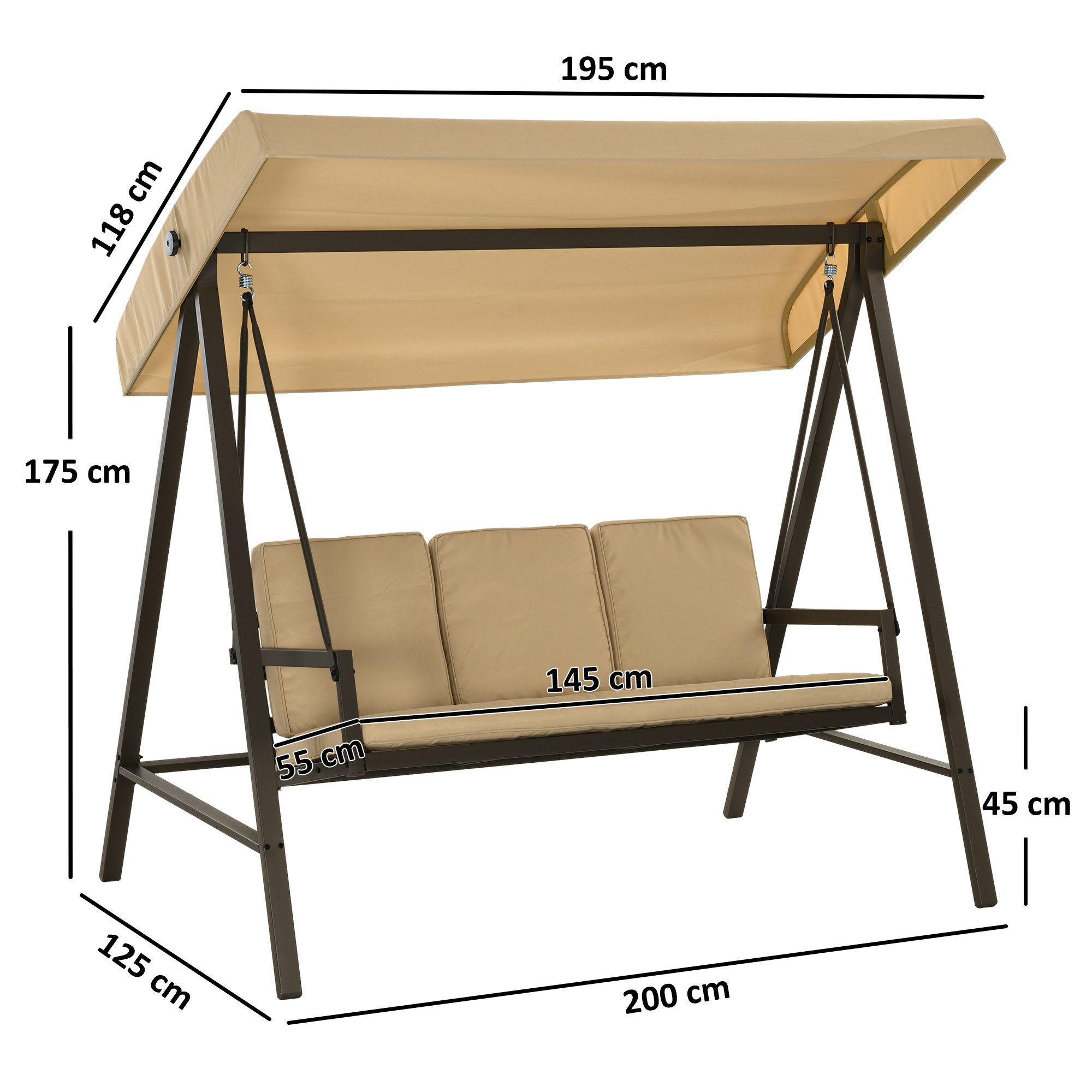 Outsunny Hollywoodschaukel Schaukelbank mit Verstellbarem Dach, Rückenkissen, 3-Sitzer, mehrfach verstellbares Dach, Gartenschaukel, 1 tlg., Schwingbank, bis 360 kg Belastbar, Beige, 200 x 125 x 175 cm