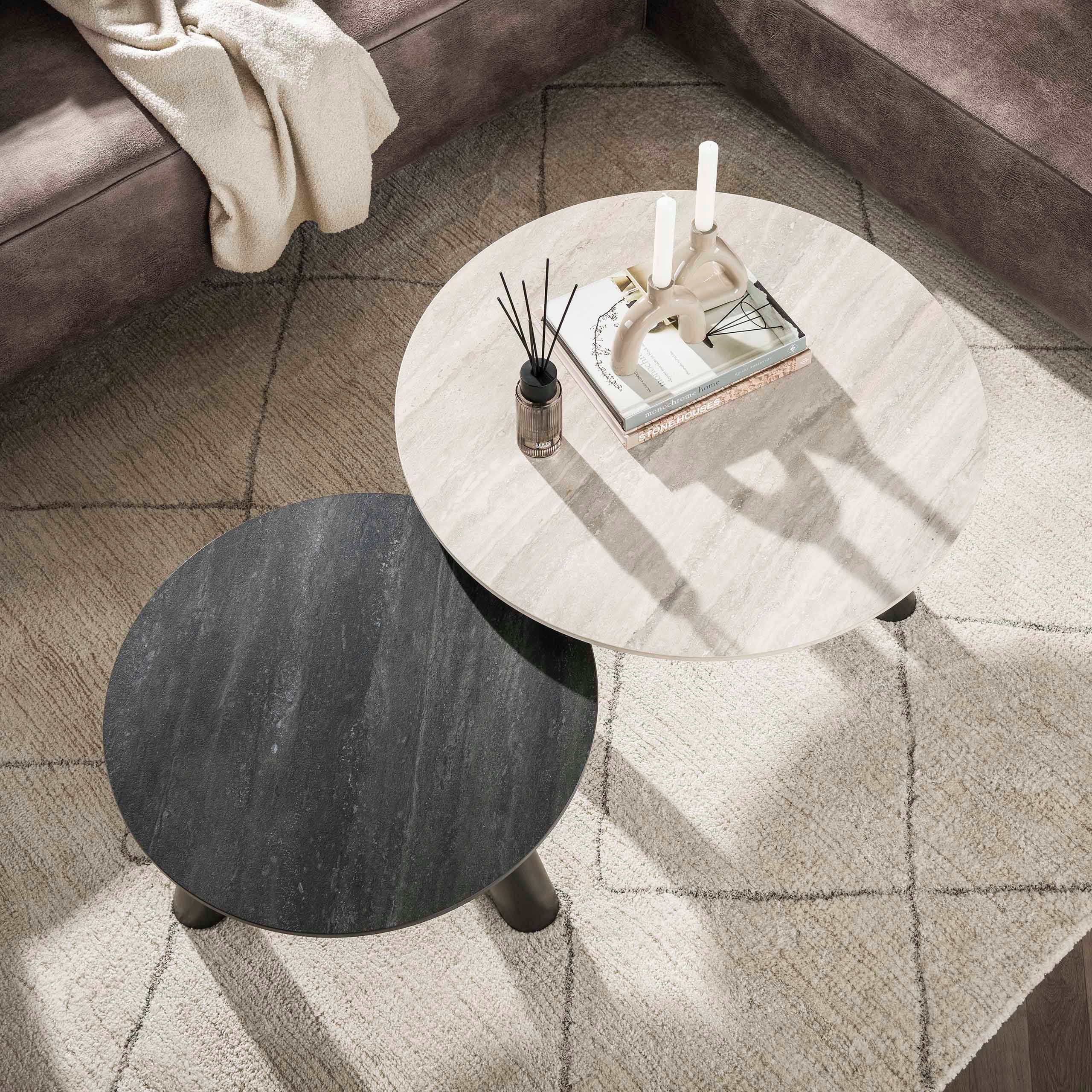 Villa Möbel Couchtisch Twin (1 Tisch, 2-St), Rundes Couchtisch Set mit Keramik Optik in Schwarz Grau