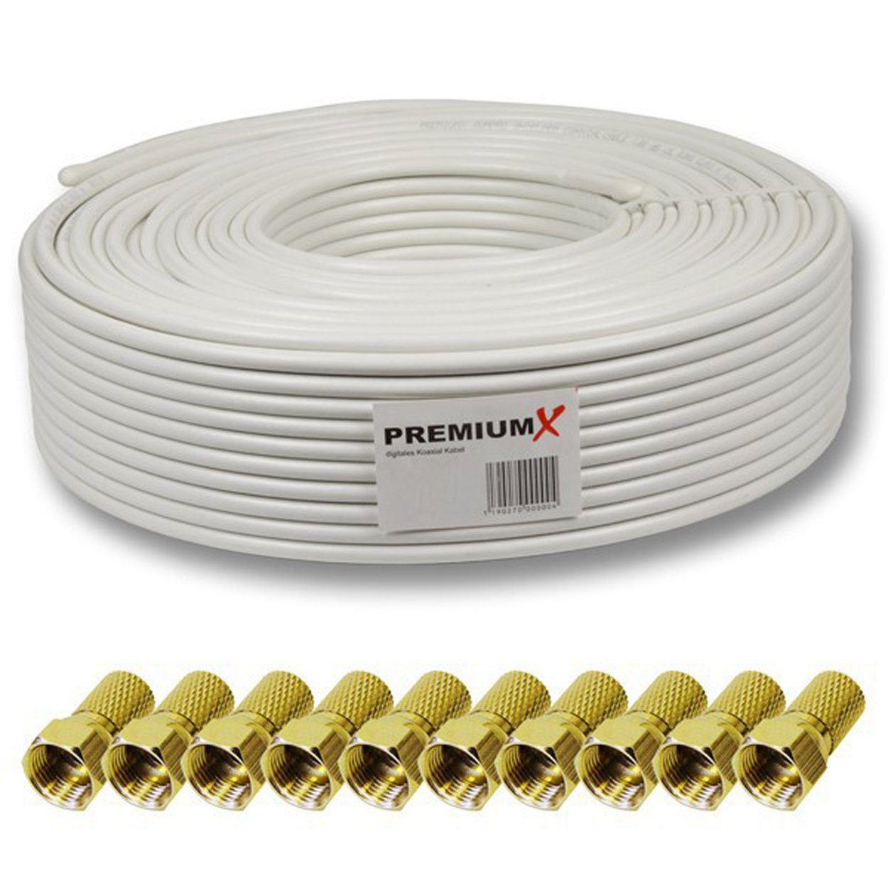 PremiumX 50m DELUXE PRO Koaxialkabel 135dB 5-Fach reines Kupfer 10x F-Stecker SAT-Kabel