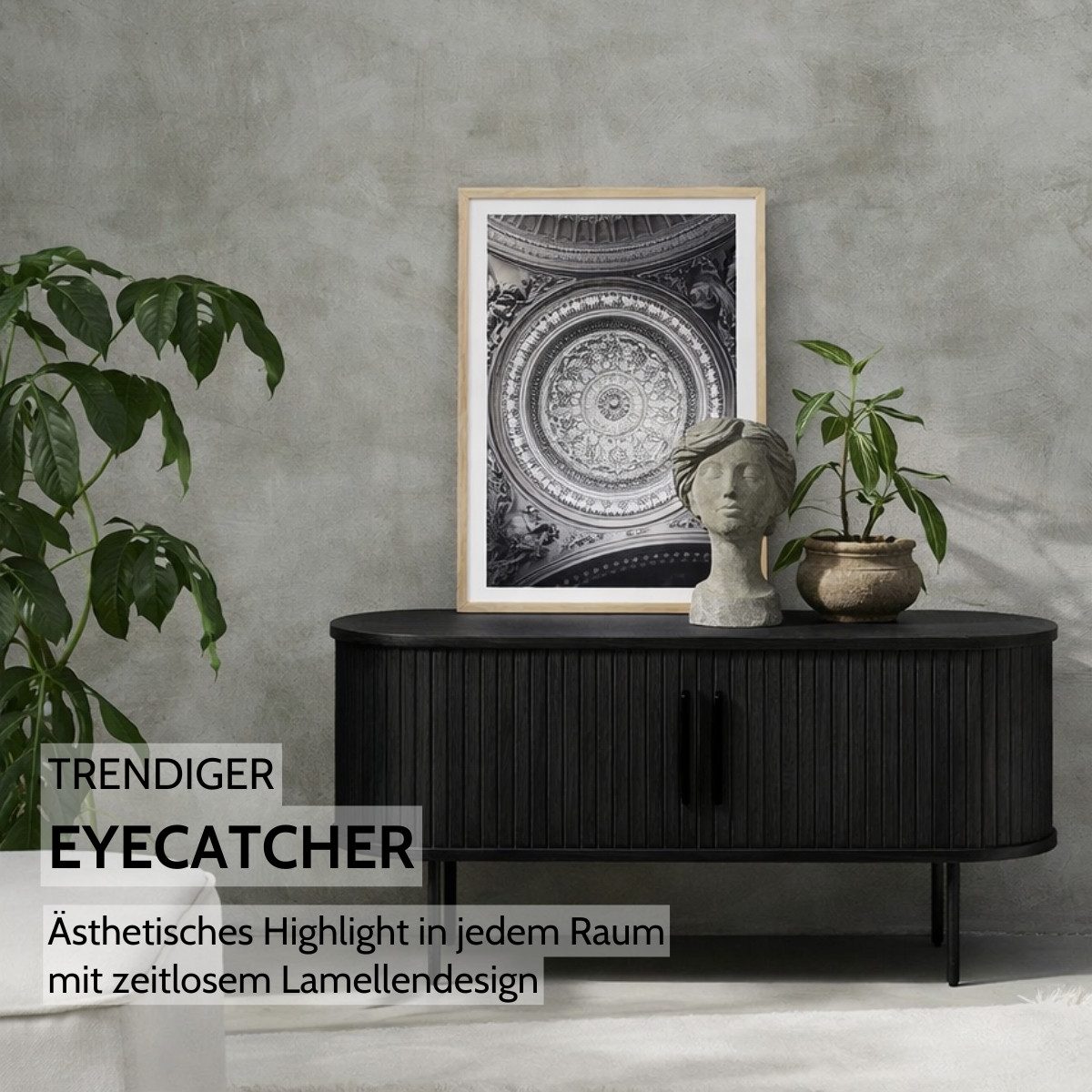 Liadomo Lowboard Uriel, TV-Möbel, TV-Board, TV-Unterschrank, 120 oder 180 cm Breite, Schiebetüren, Lamellen, schwarz, weiß, Natur, braun