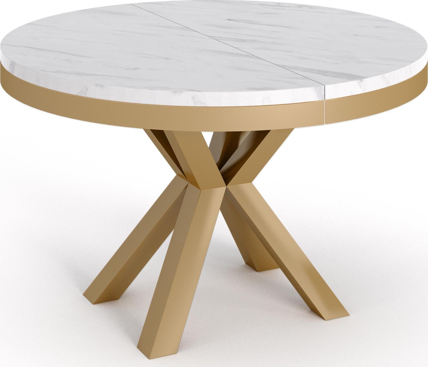 WFL GROUP Esstisch Clara Gold, Ausziehbar Tisch im Loft-Stil mit Metallbeinen Weiß Marmoroptik