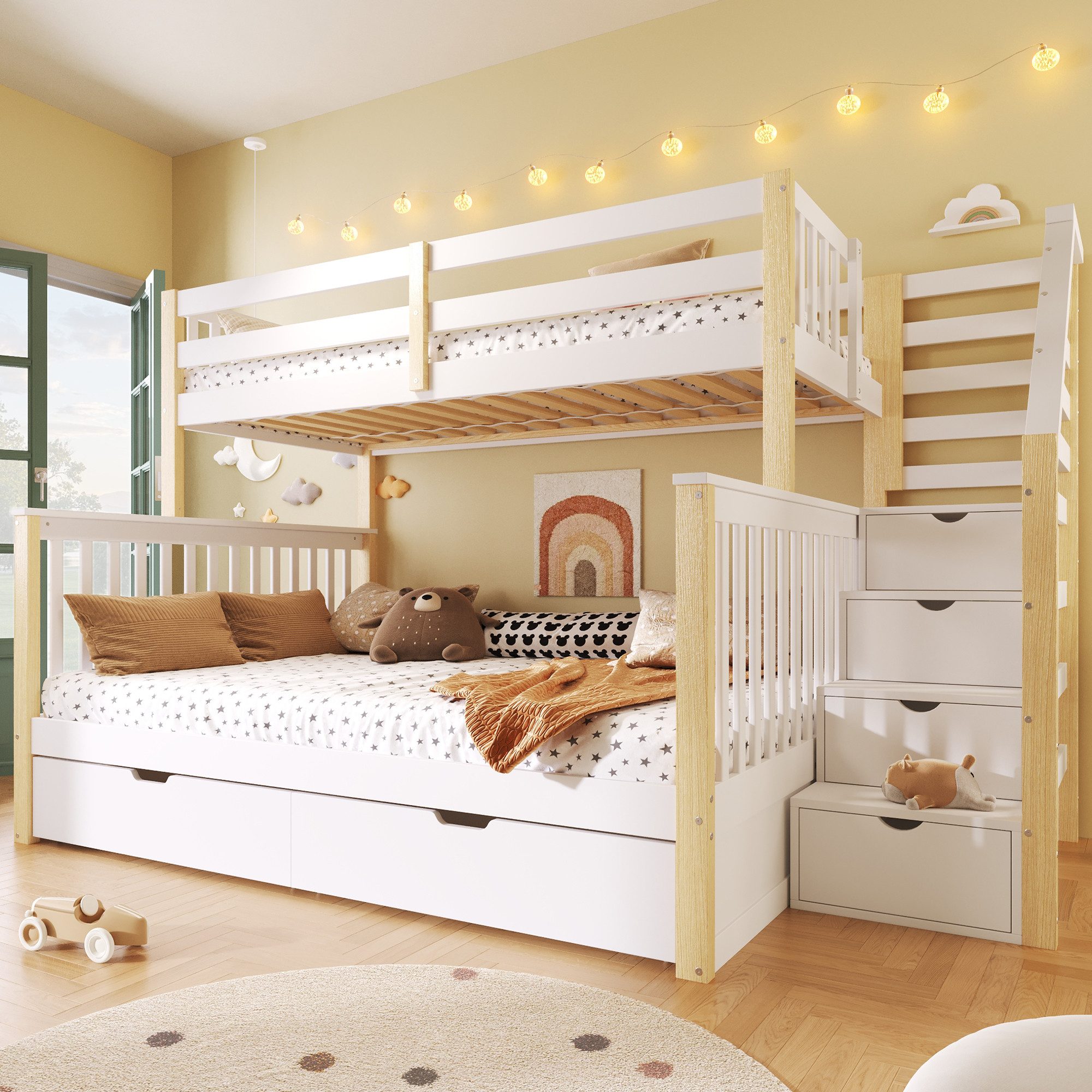 Flieks Etagenbett, Kiefer Kinderbett mit Stauraumtreppe und Schubladen 90x200cm+140x200cm