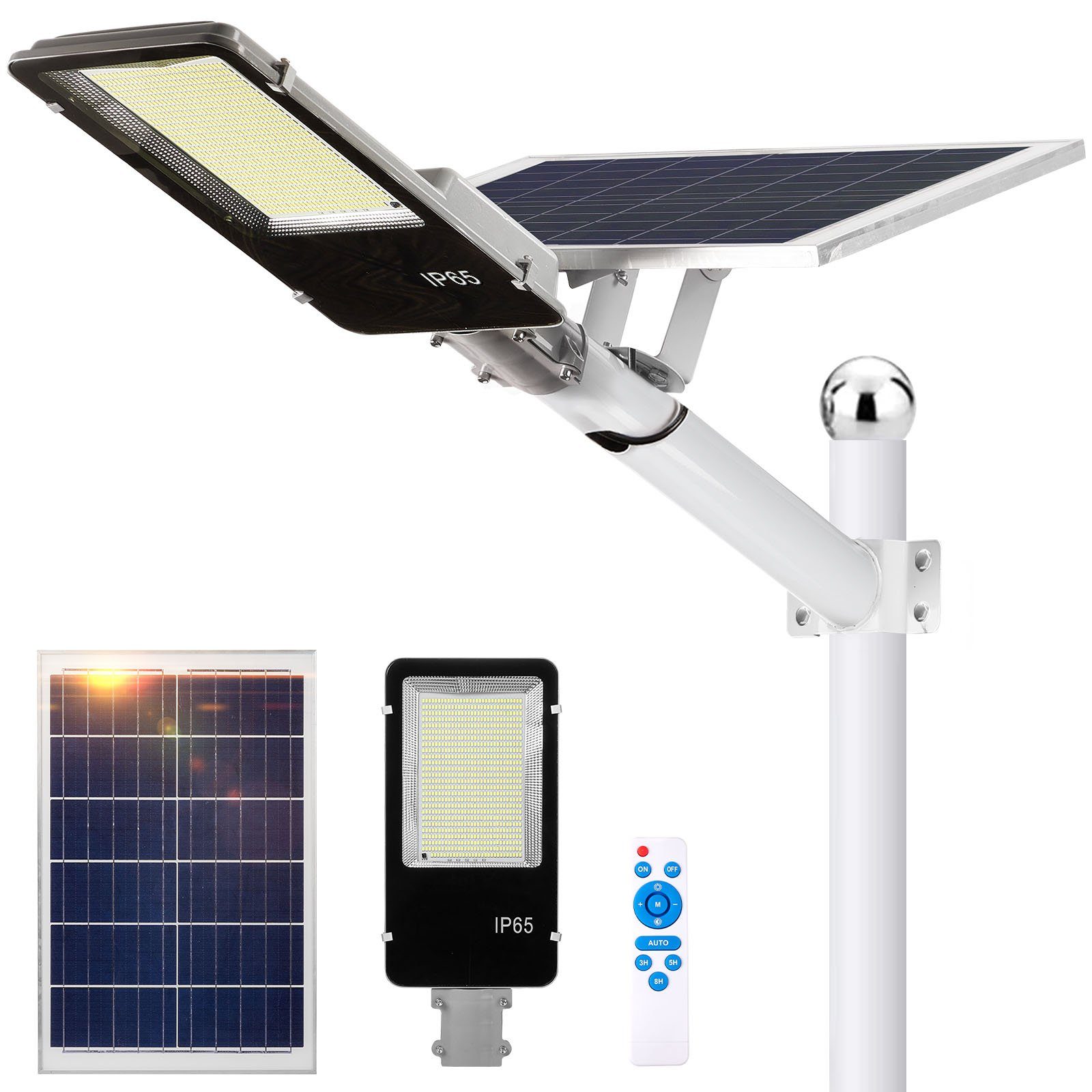 Rosnek LED Solarleuchte 6500K, wasserdicht, Fernbedienung, für Garagen Einfahrt Hof Parkplatz, Weiß (6500K), Montagearm