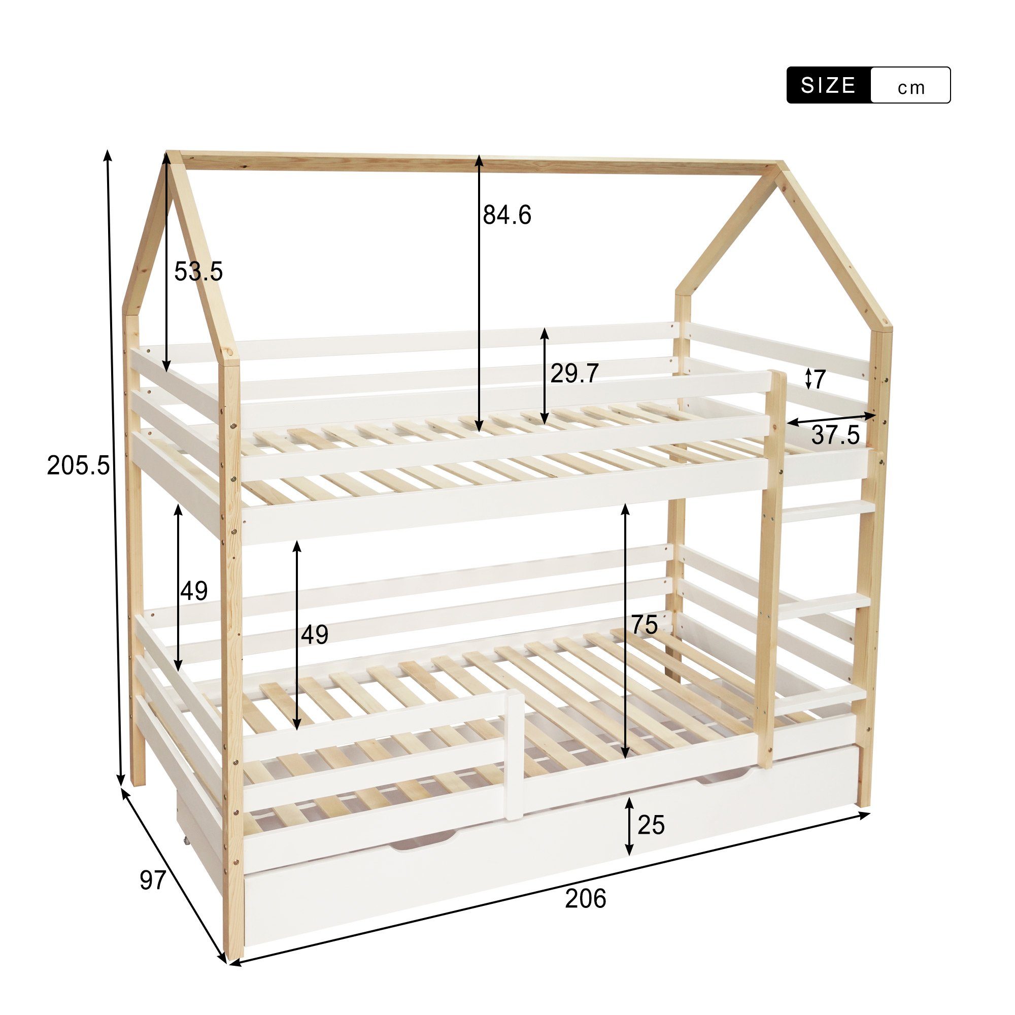 Etagenbett, Kinderbett mit großen Schublade 90*200cm, Kiefernholz