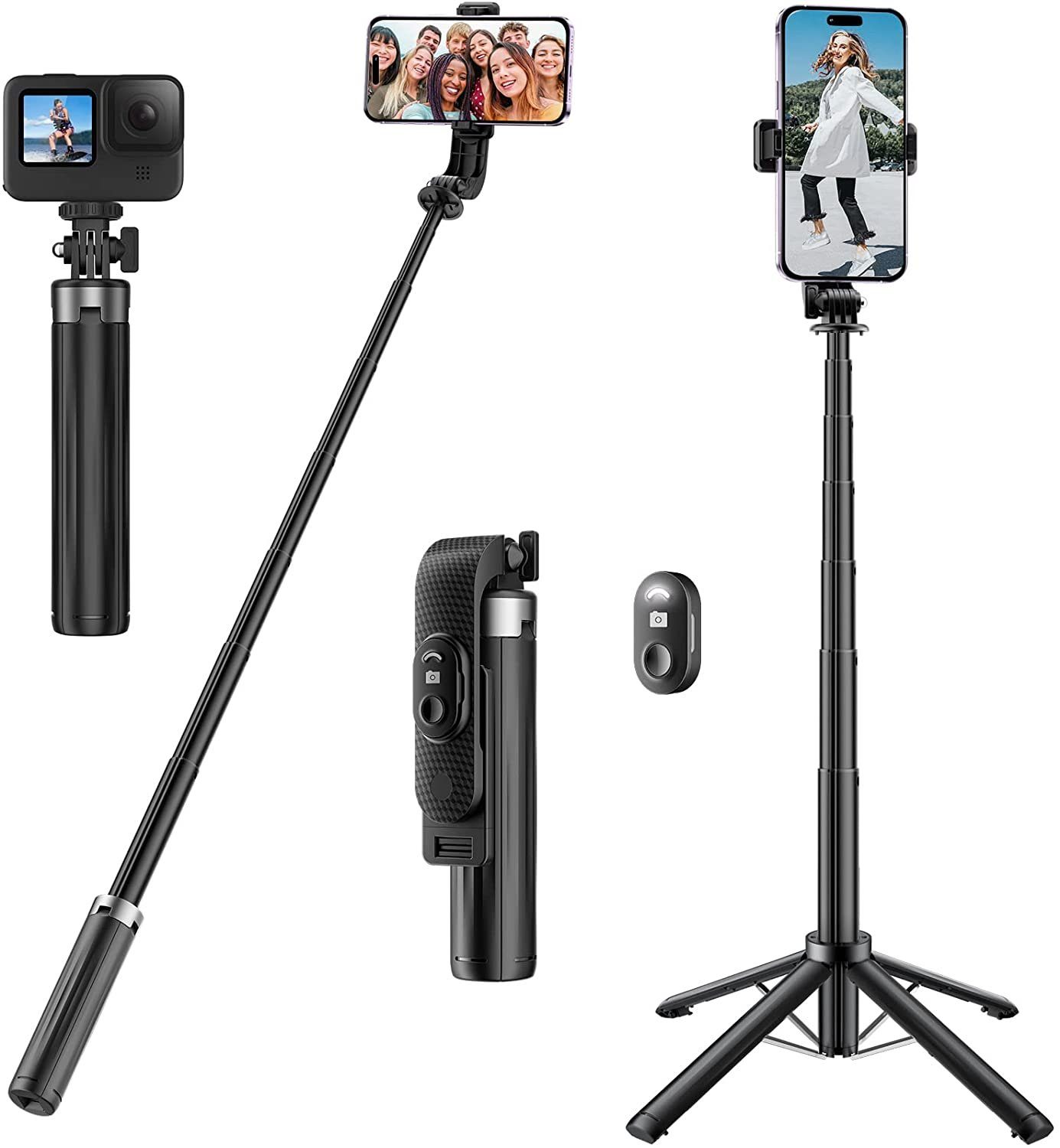 Haiaveng Selfie-Stick Selfie Stick Quad-Stativ, Bluetooth Selfie Stick  Erweiterbar 40'', Kompatibel mit iPhone, Samsung, Smartphones und Kameras