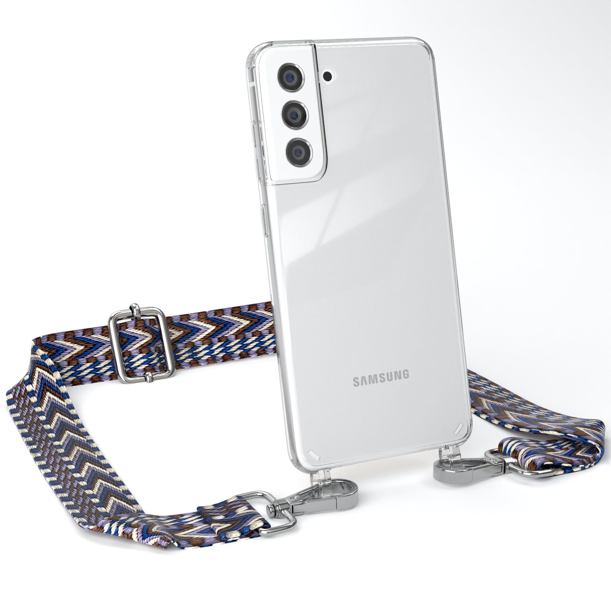 EAZY CASE Handykette Boho Umhängeband für Samsung Galaxy S21 FE 5G 6,41 Zoll, Handyband zum Wechseln geflochtenes Taschenband Festivalbag Boho Blau