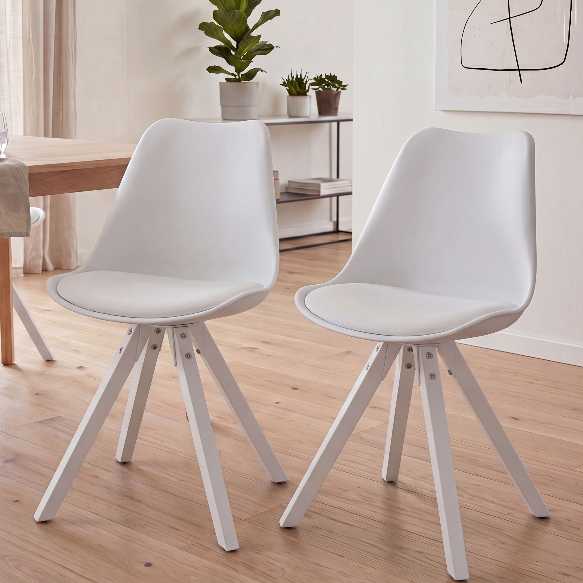 FINEBUY Esszimmerstuhl 2er Set Retro Weiße Beine Polsterstuhl Küchenstuhl (2er Set Retro Küchenstuhl Weiß Kunstleder), Polsterstuhl Skandinavisch, Schalenstuhl Esszimmer