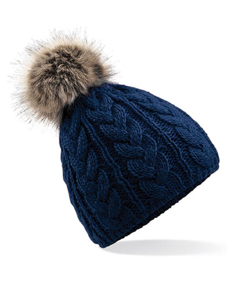 Strickmütze Üppiges Beanie Zopfmuster Beechfield® Mütze Damen schweres dunkelblau Bommelmütze Winter