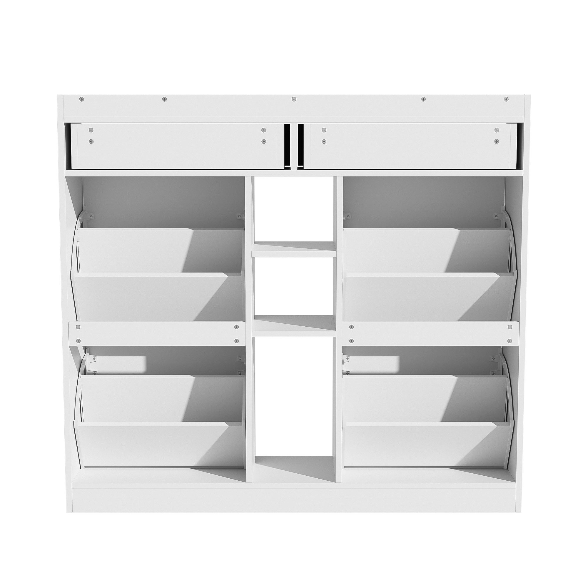 Flieks Schuhschrank mit 4 Klappen, 2 Schubladen und 3 offenen Fächern (1-St) Schuhkommode Schuhregal Schuhkipper Weiß, B110/T26/H100 cm – Bild 4 von 5