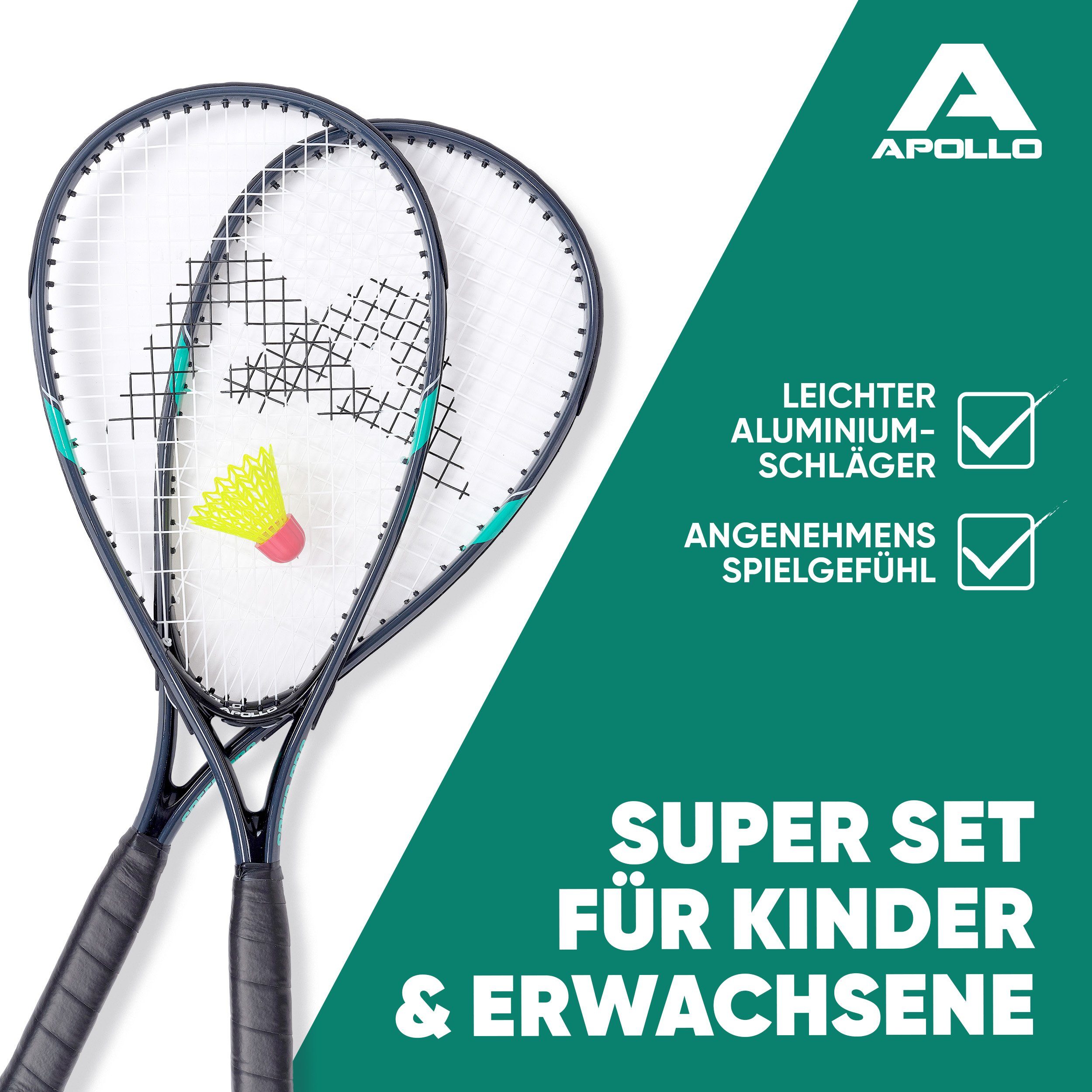 Apollo Speed-Badmintonschläger Badminton Schläger Set Kinder Speed Pro, (Set, inkl. Tragetasche, Federbällen, Schaumball und Hütchen), inkl. Tragetasche, Federbällen, Schaumball und Hütchen