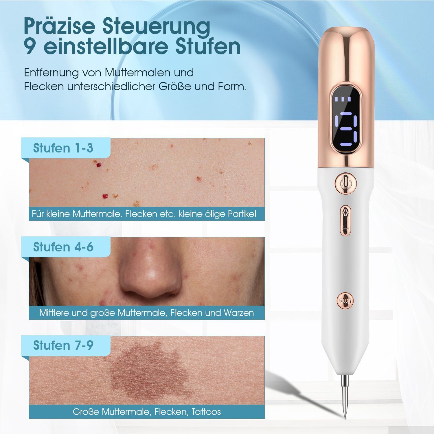 feinlux Dermaroller Mikrodermabrasionsgerät Muttermal Entfernen, set, Kosmetikbehandlungsgerät Professionelle Mole Entfernung Pen Kit, mit 9 Stärkenstufen und LCD-Bildschirm