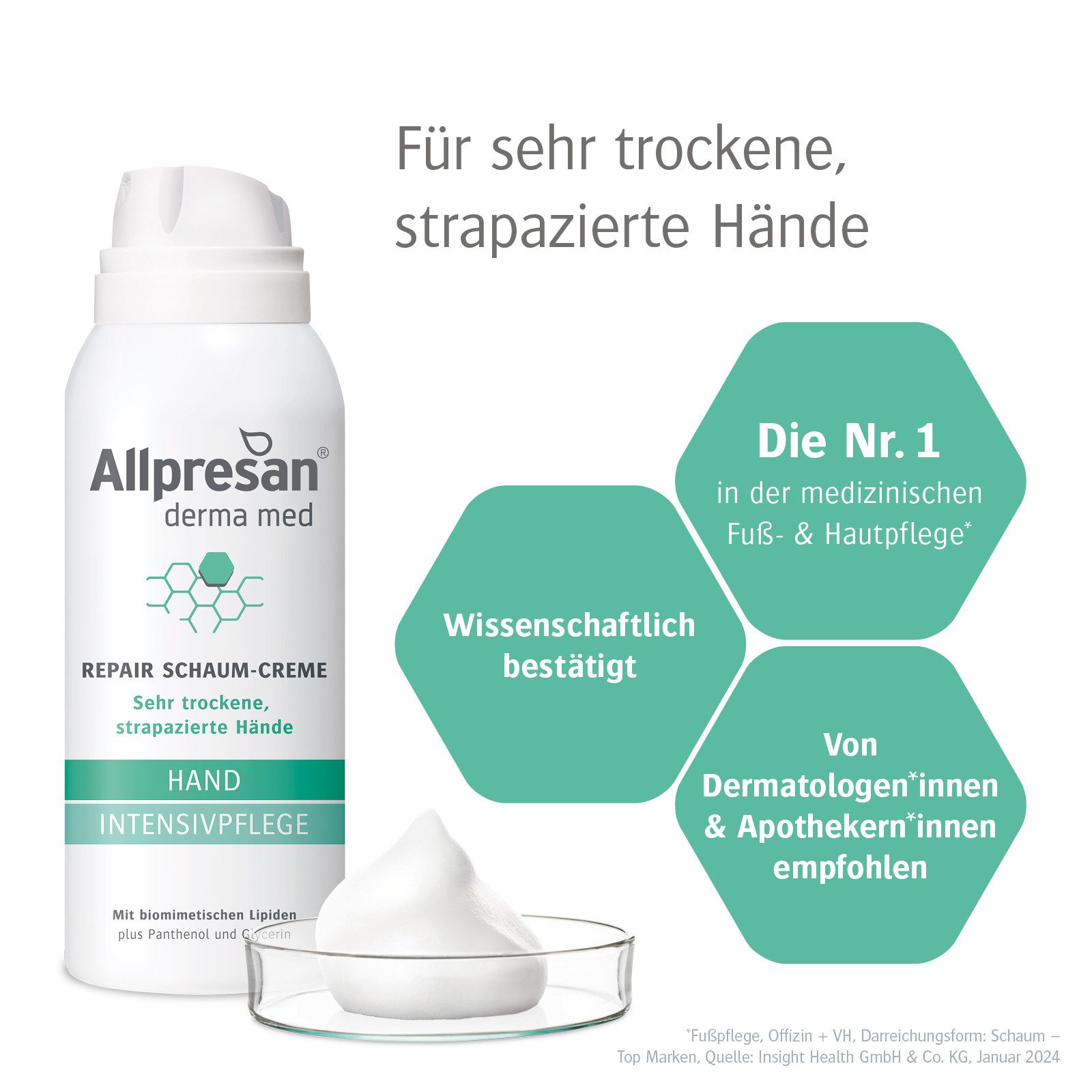 Allpresan Handmousse Allpresan hydro Repair Schaum-Creme Hände 100ml Reparierende, 1-tlg., schnell einziehende, medizinische Hautpflege für trockene Hände