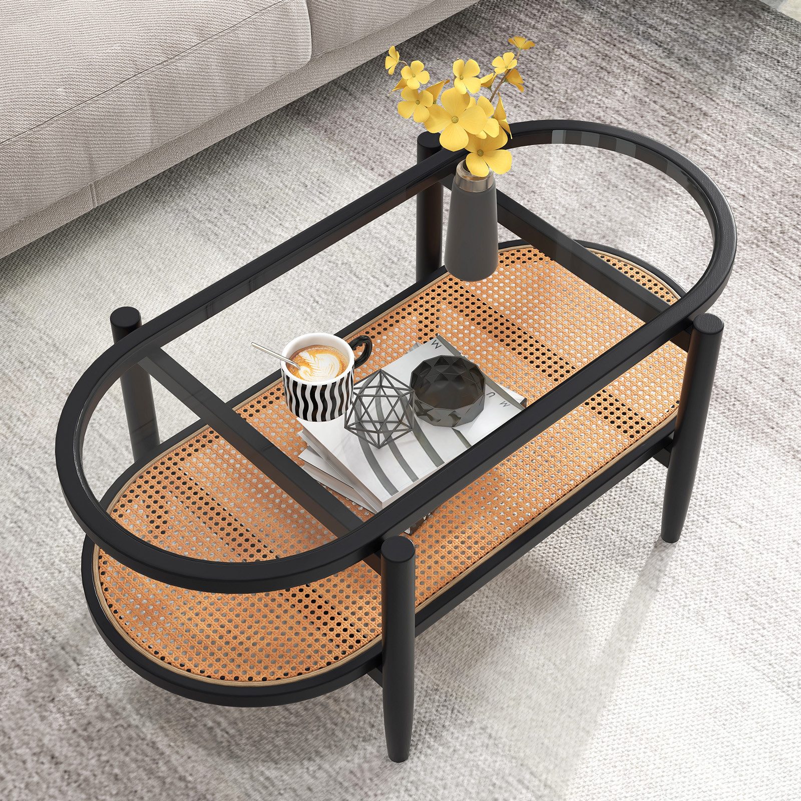 COSTWAY Couchtisch, Glas, Rattan, Holz Sofatisch mit Stauraum, 102x56x47cm