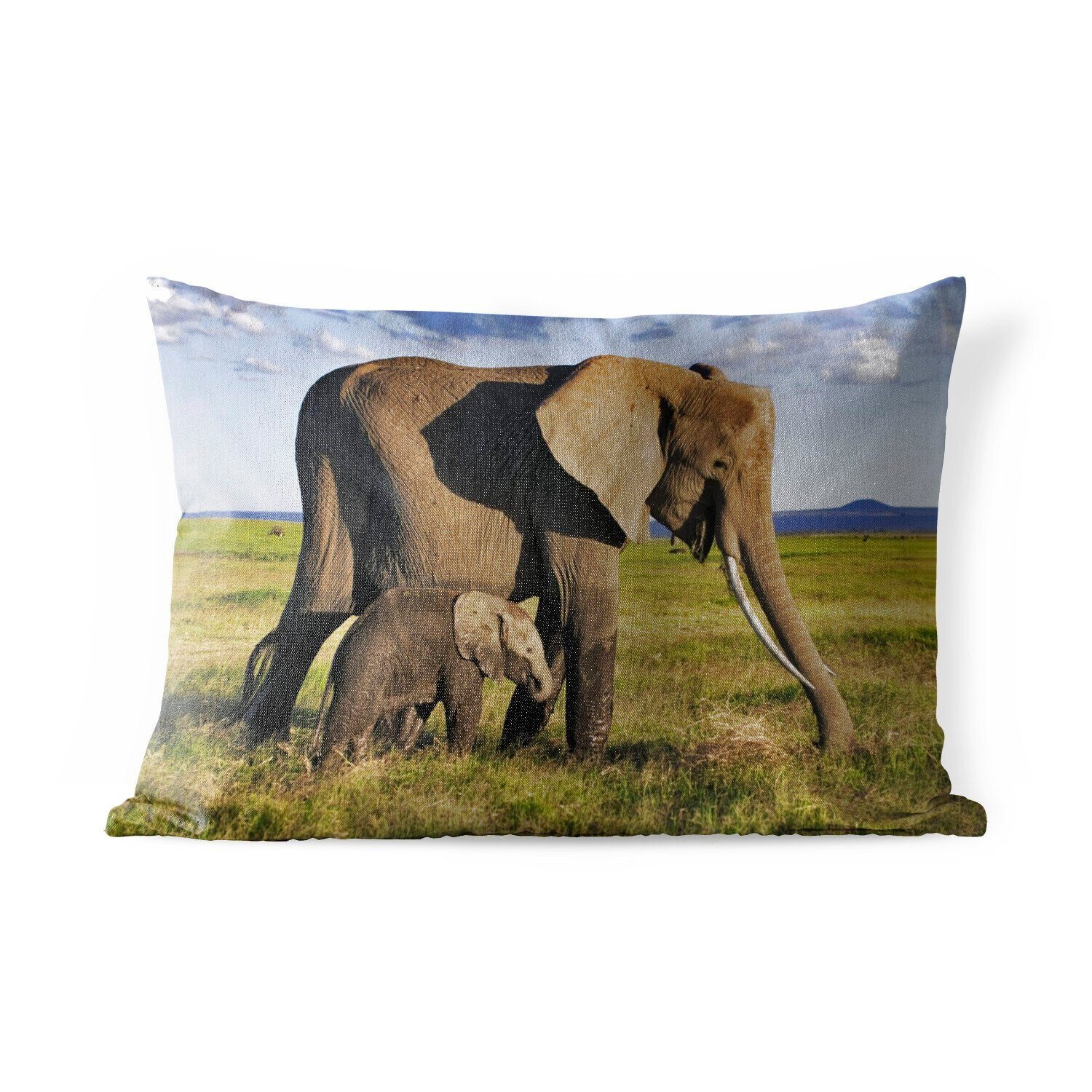 MuchoWow Dekokissen Elefant - Tiere - Grasland - Grün - Grau, Outdoor-Dekorationskissen, Polyester, Dekokissenbezug, Kissenhülle