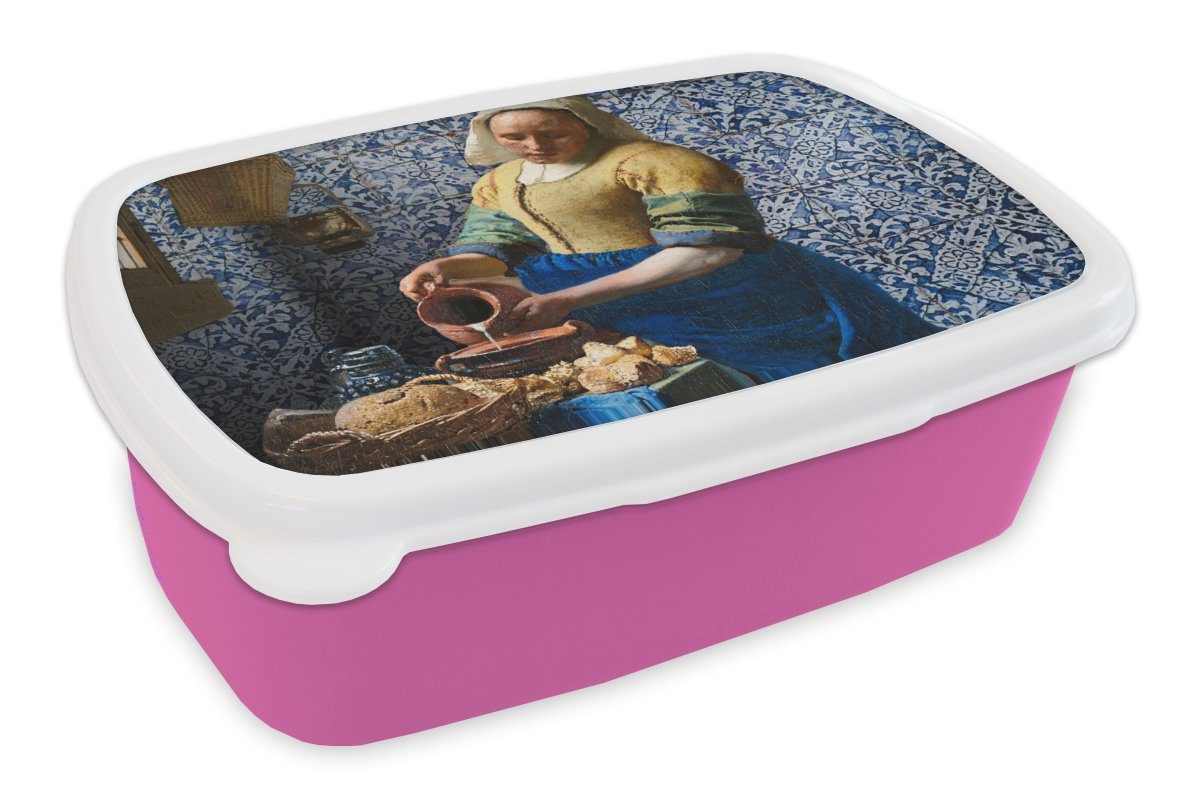 MuchoWow Lunchbox Milchmädchen - Delfter Blau - Vermeer - Gemälde - Alte Meister, Kunststoff, (2-tlg), Brotbox für Erwachsene, Brotdose Kinder, Snackbox, Mädchen, Kunststoff rosa