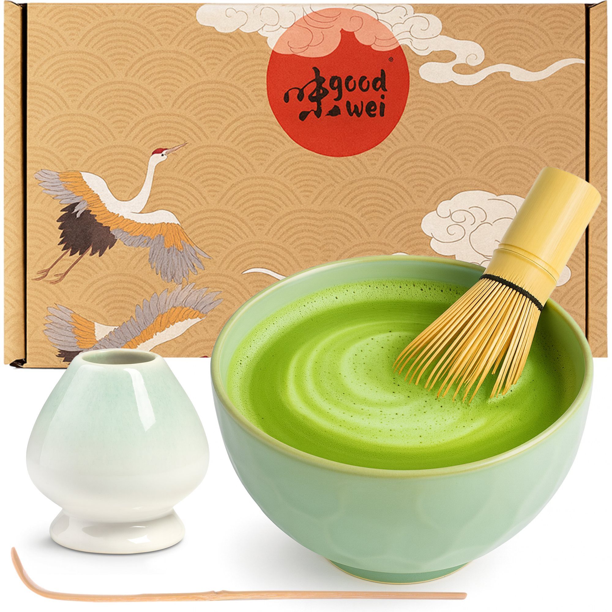 Goodwei Teeschale Matcha Teezeremonie Set "Hasnunomi" mit Teeschale, Besen und Halter, Keramik