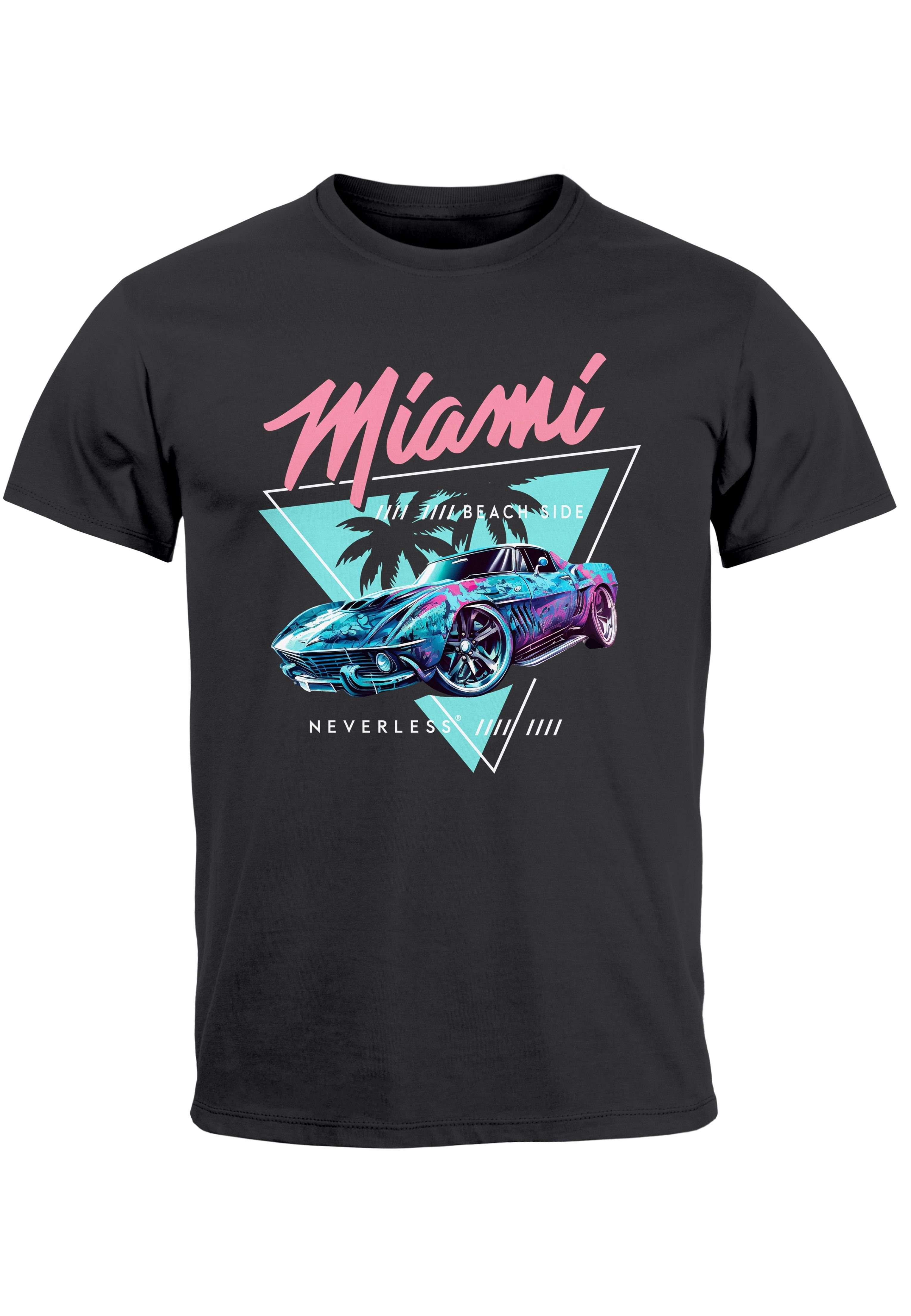Neverless Print-Shirt Herren T-Shirt Bedruckt Miami Beach Surfing Motiv USA Retro Automobil mit Print dunkelgrau