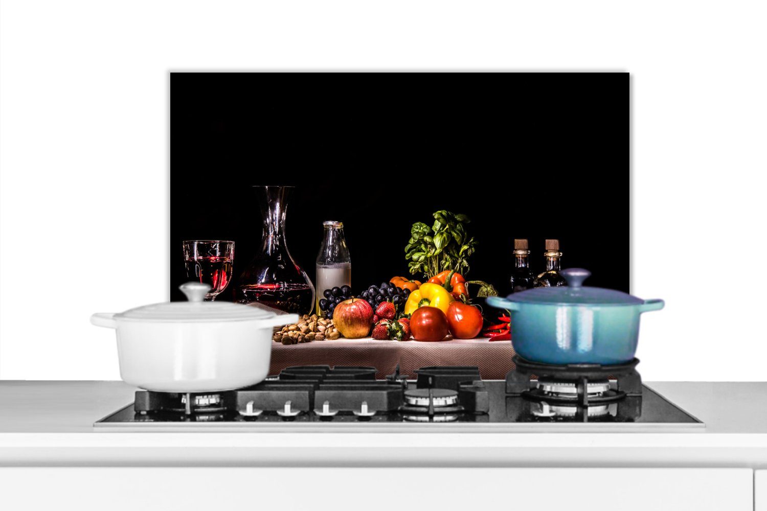 MuchoWow Küchenrückwand Stilleben - Essen - Trinken - Obst - Schwarz, (1-tlg), 60x40 cm, Herdblende aus Wandschutz, Temperaturbeständig küchen