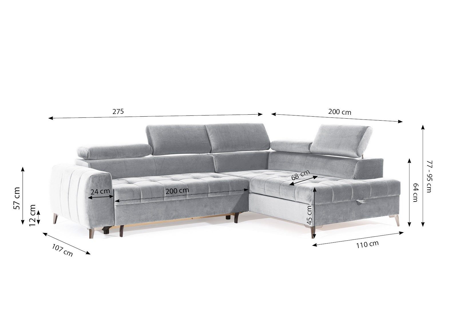Fun Möbel Ecksofa Ecksofa Schlafsofa AGNESA mit Ottomane in Stoff, mit Schlaffunktion, einstellbare Kopfstützen