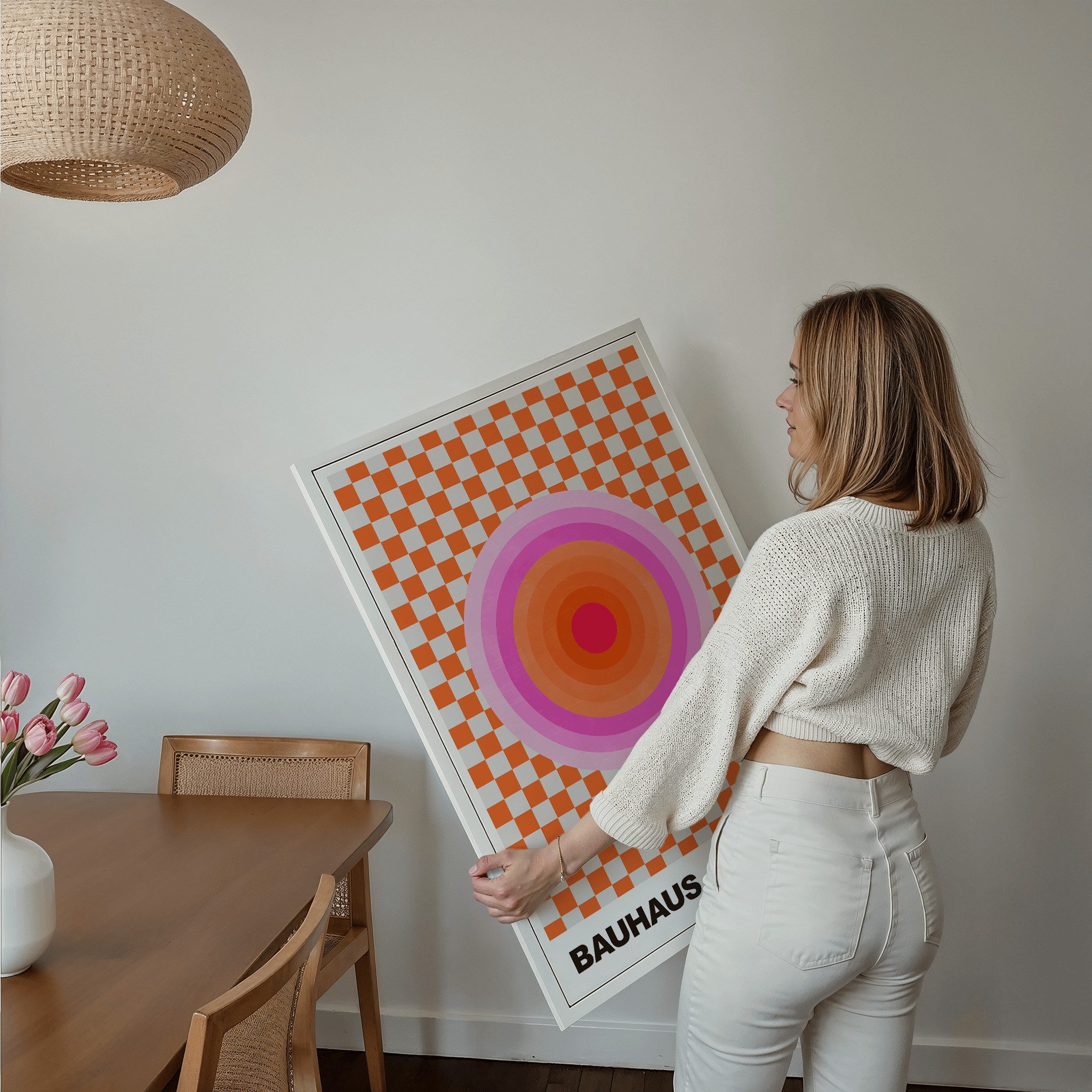 JUSTGOODMOOD Poster Bauhaus Abstrakte Kunst Pink Orange Kreis auf Schachbrett Muster Moder, (1 St) – Bild 2 von 5
