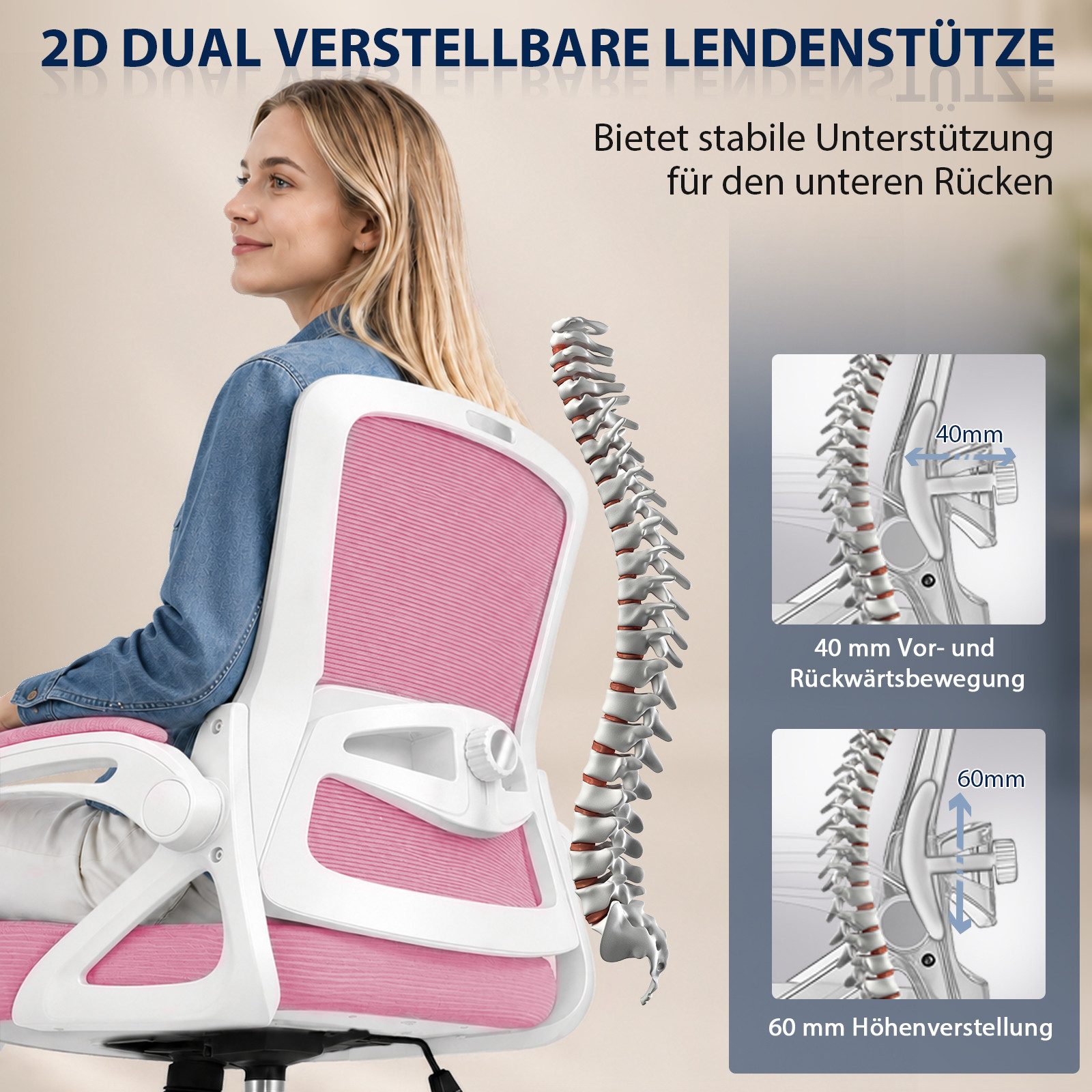 Hoolamyie Bürostuhl Schreibtischstuhl mit klappbaren Armlehnen & 2D-Lendenstütze (Atmungsaktiver Mesh-Rücken mit Lendenstütze, Wippfunktion, gepolsterten Klappa – Bild 4 von 5