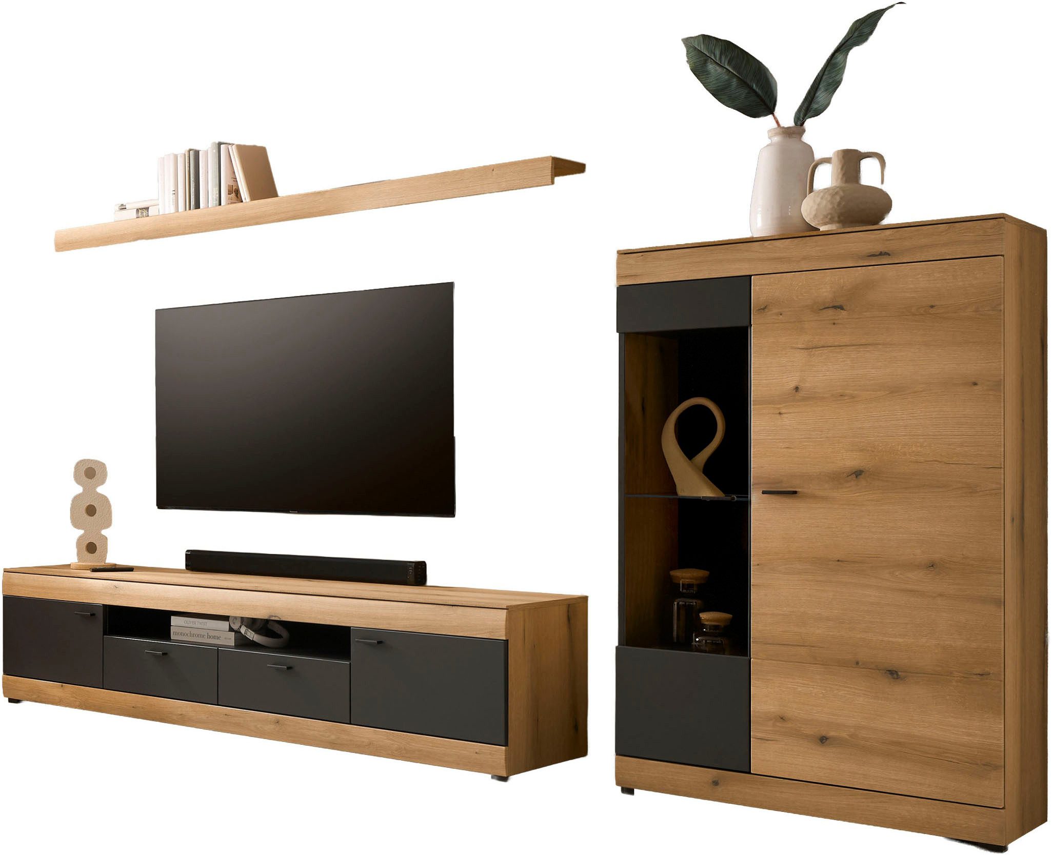 Home affaire Wohnwand Soleto, zeitlose Anbauwand, Komplettset im modernen Stil, (Komplett-Set, 3-St), enthält Vitrine, Lowboard und Wandboard