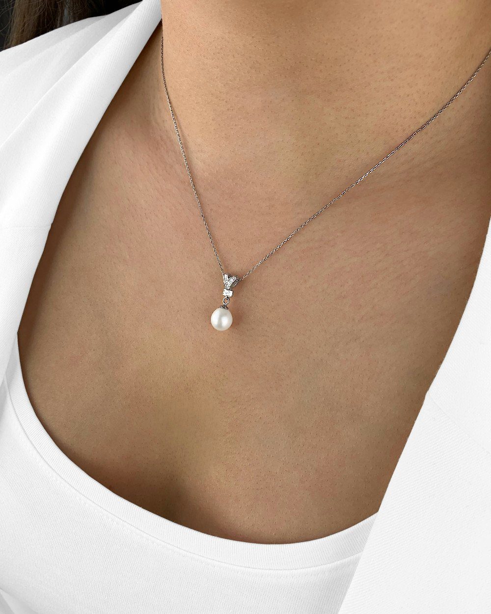 DANIEL CLIFFORD Perlenkette 'Veronica' Perle Damen weiß 925 Silberkette 45cm Verpackung), und (inkl. Anhänger Halskette - Kristall Silber 40cm größenverstellbare Perlenanhänger