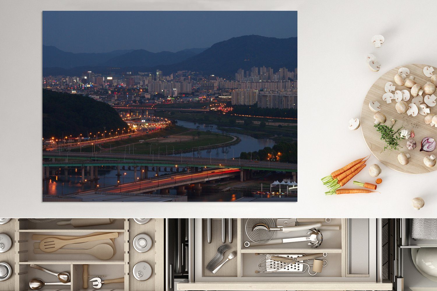 südkoreanischen cm, Daejeon, nutzbar, Herdblende-/Abdeckplatte Mobile tlg), (1 Ceranfeldabdeckung MuchoWow 70x52 Arbeitsfläche des Stadtbild Vinyl,