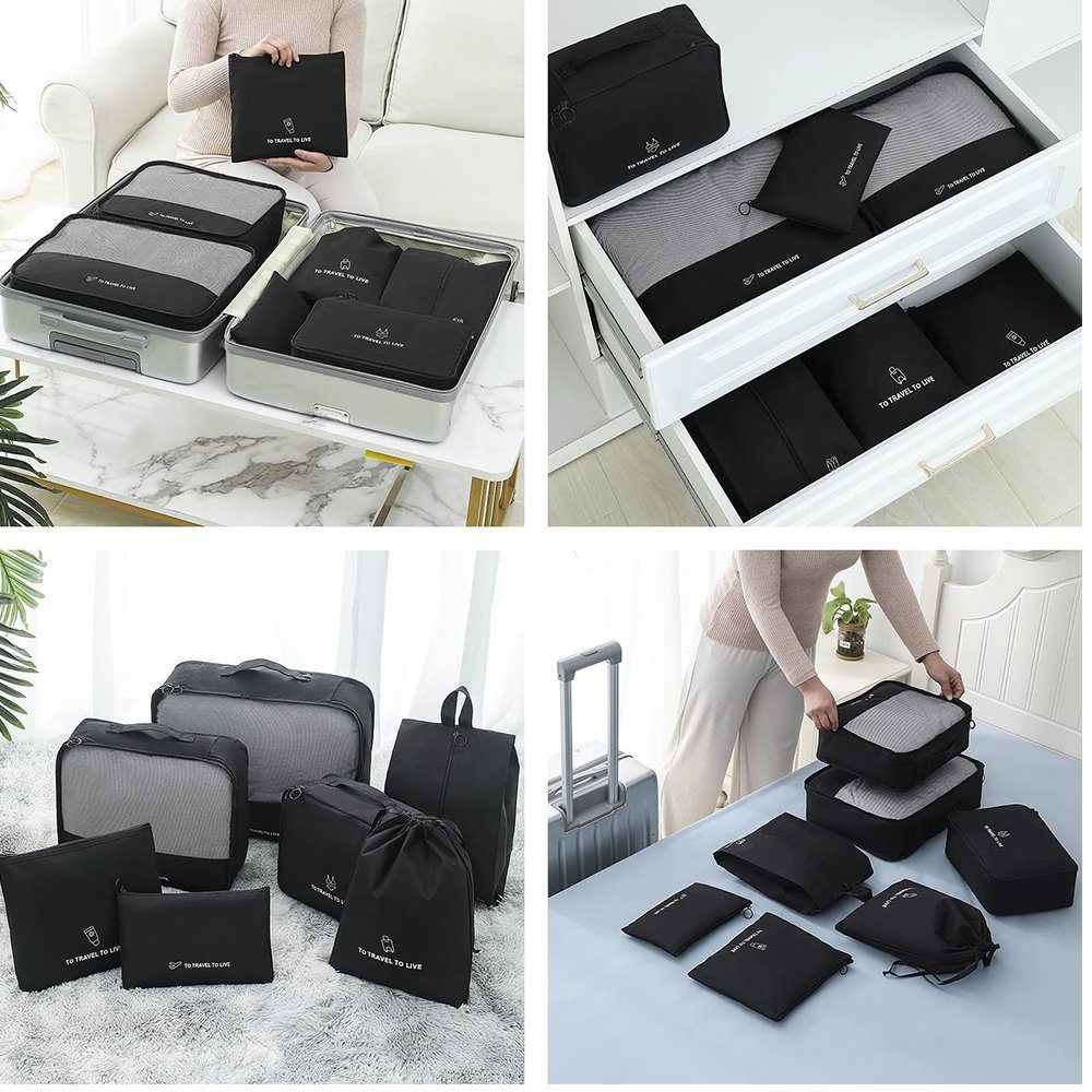 Kofferorganizer Cubes Würfel, Kleidertaschen Schuhbeutel Ordnungssystem Schwarz - (Reise Teilige Packing Urlaub Kleidertaschen Set), Packwürfel Organizer für Koffer Koffer KosmetikOrganizer Organizer Packwürfel für Reiseorganizer AKKEE 7-tlg., 7 und Schwarz, Koffer Reisen,