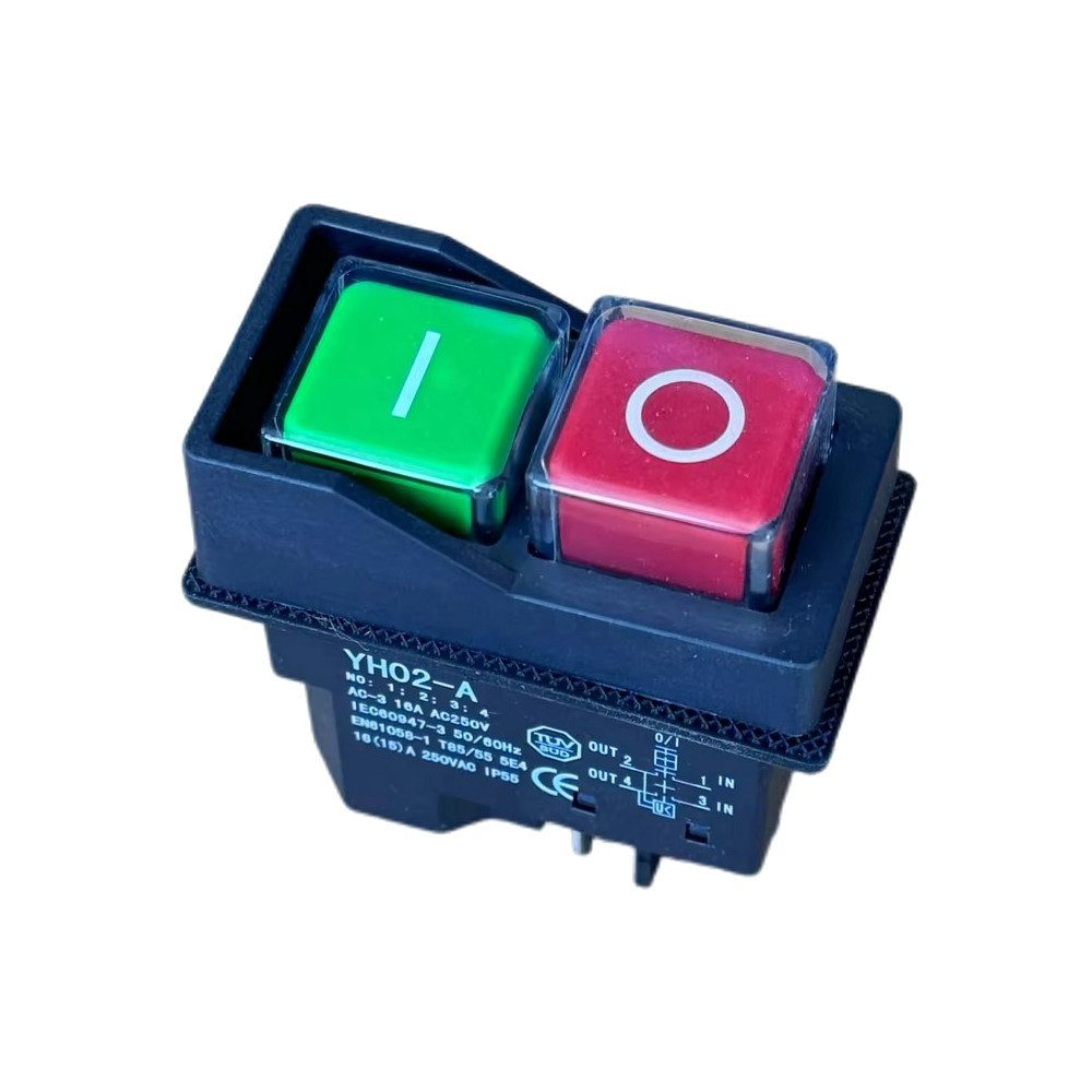 Trade-Shop Schalter Elektro Ein/Aus Hauptschalter YH02-A, 230V 16A, IP 55 für Betonmischer, Anschluss über 4 Kontakte / mit Flachdichtung und PVC-Abdeckung