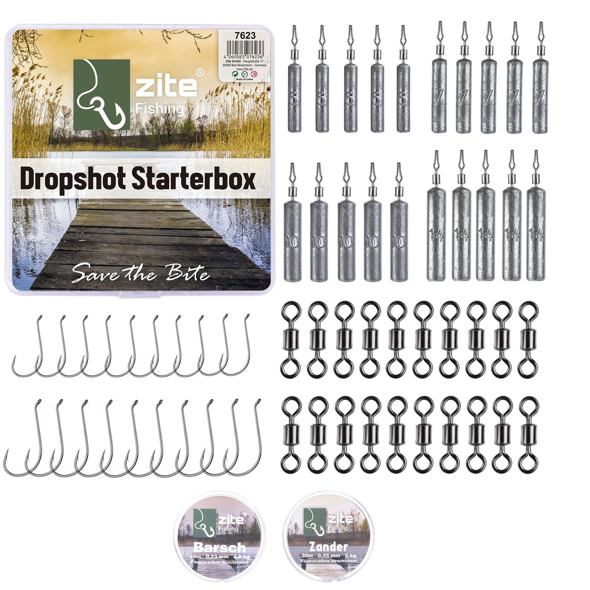 Zander teilig Classic Große - Drop-Shot-Blei Barsch Einsteigerbox Zite Set 63 &