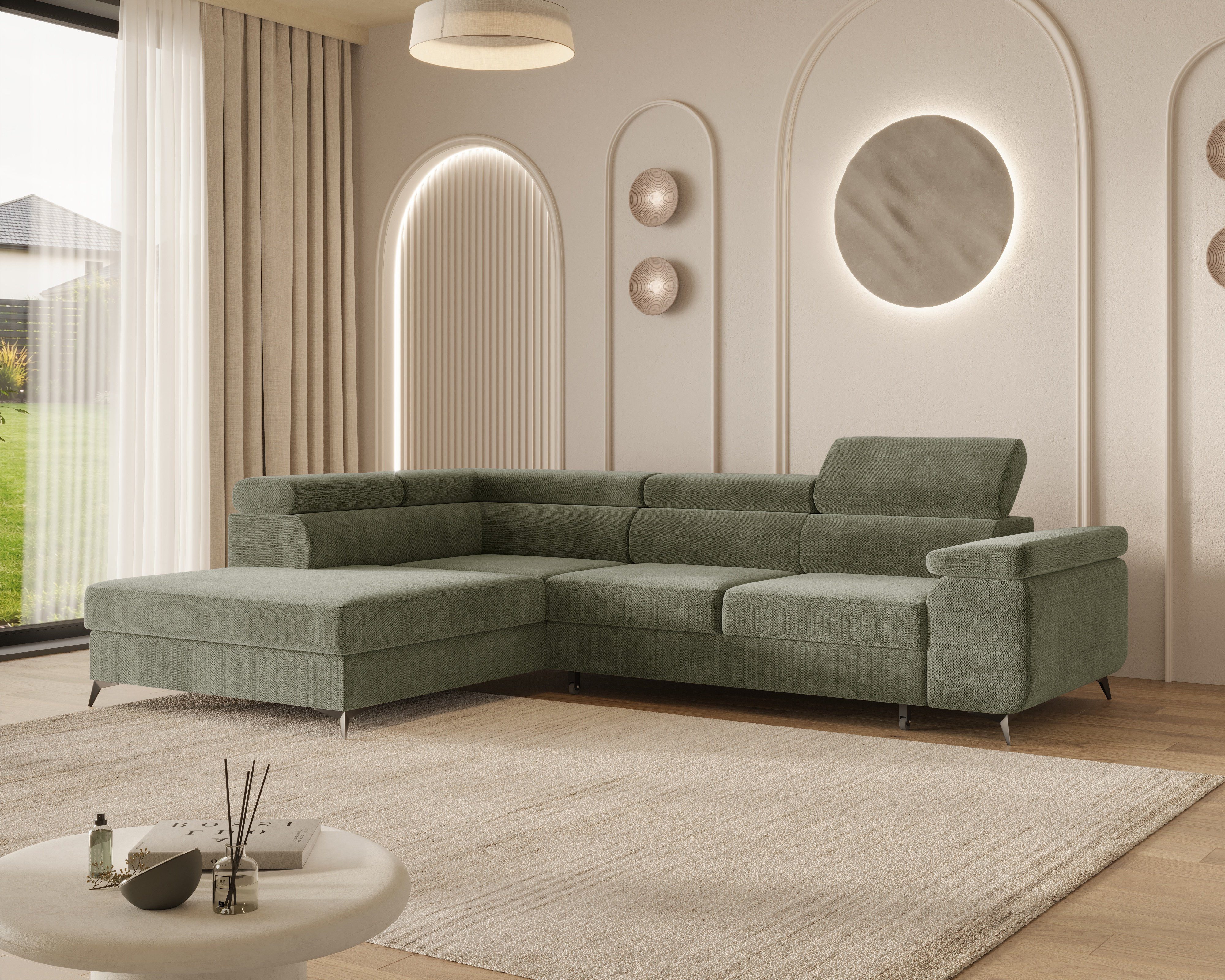 MOEBLO Ecksofa OSTIN, 290 cm – Modernes L-Sofa mit Schlaffunktion, Bettkasten und verstellbaren Kopfstützen, Cord oder Strukturstoff, - (BxHxT): 290 x 75–90 x 202 cm