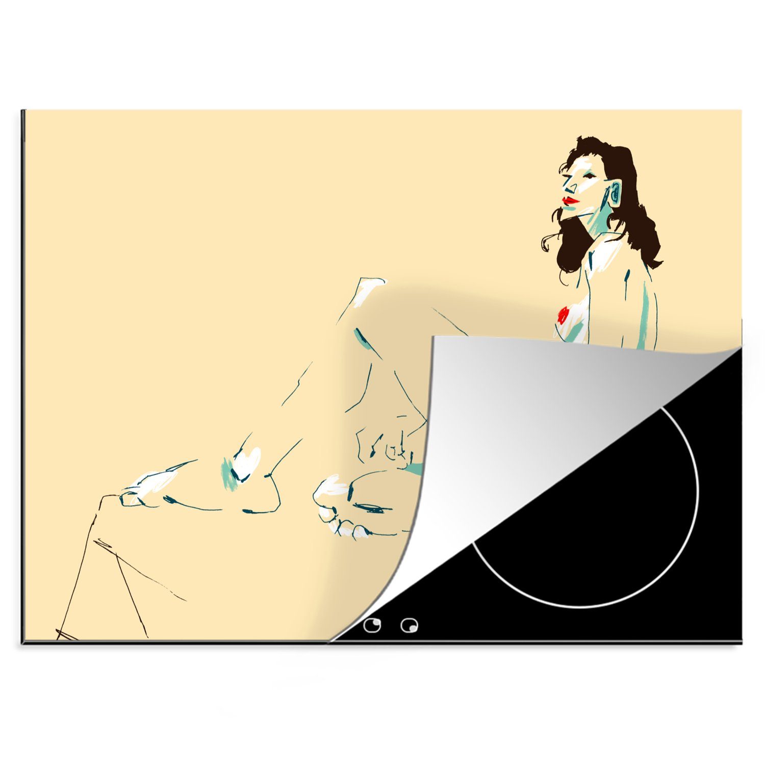 - Kunst Abstrakt Frau - nutzbar, Mobile MuchoWow Arbeitsfläche tlg), cm, Ceranfeldabdeckung - 70x52 Herdblende-/Abdeckplatte Gelb, (1 Vinyl,