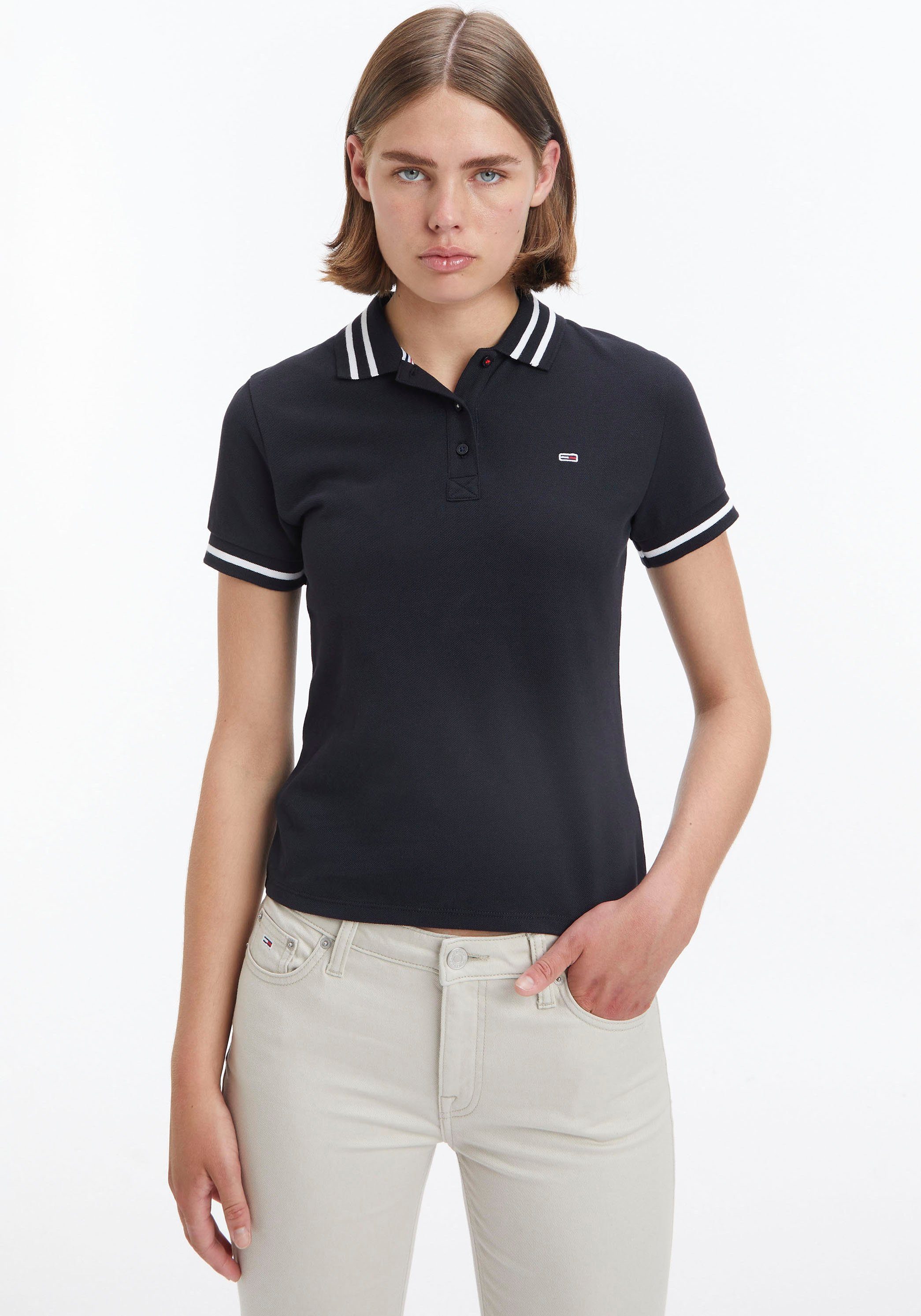 Black TJW & TIPPING Jeans POLO mit ESSENTIAL Tommy Poloshirt Kontraststreifen Jeans Tommy Label-Flag