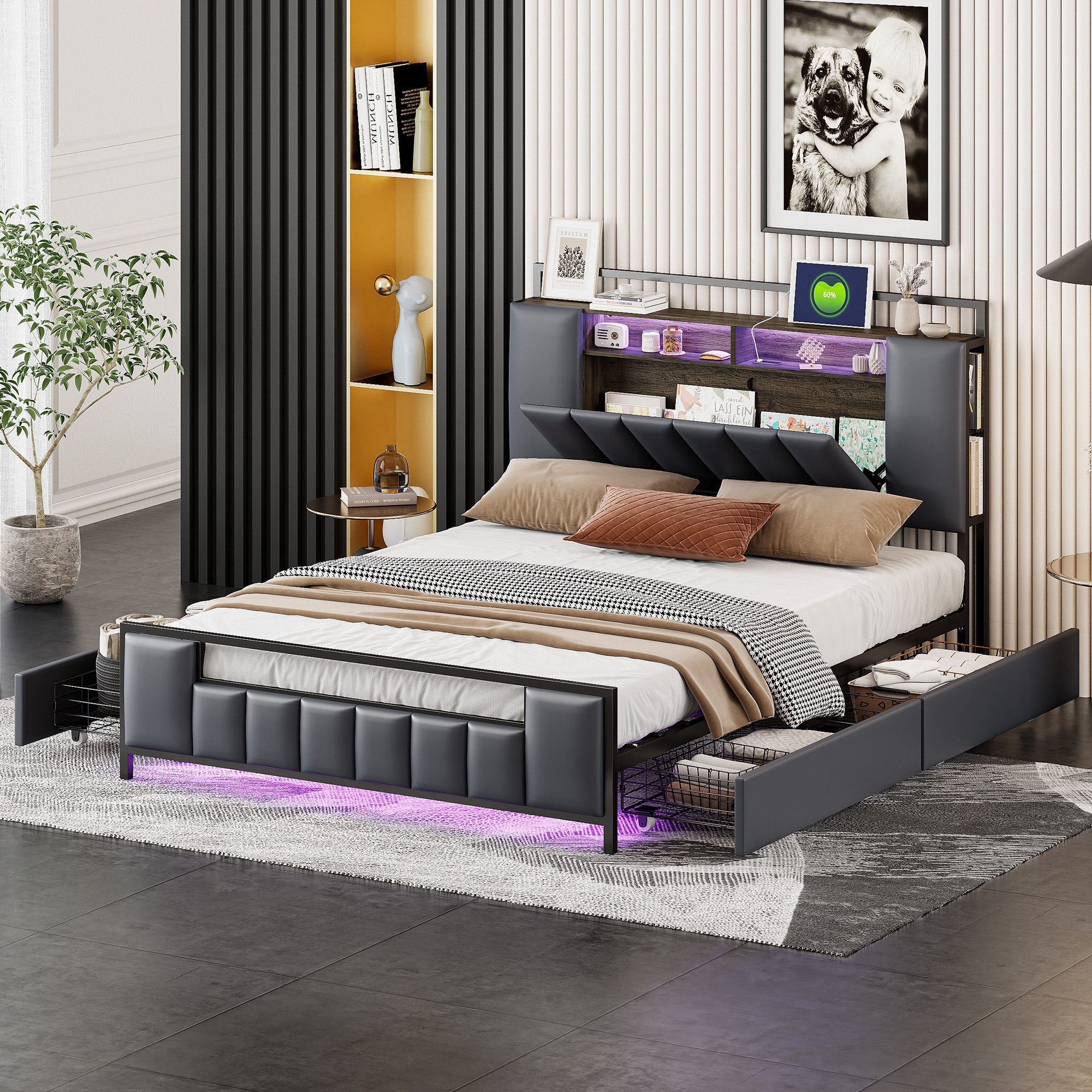 Polsterbett Doppelbett 140/160 x200 cm mit LED-Licht und USB-Steckdose
