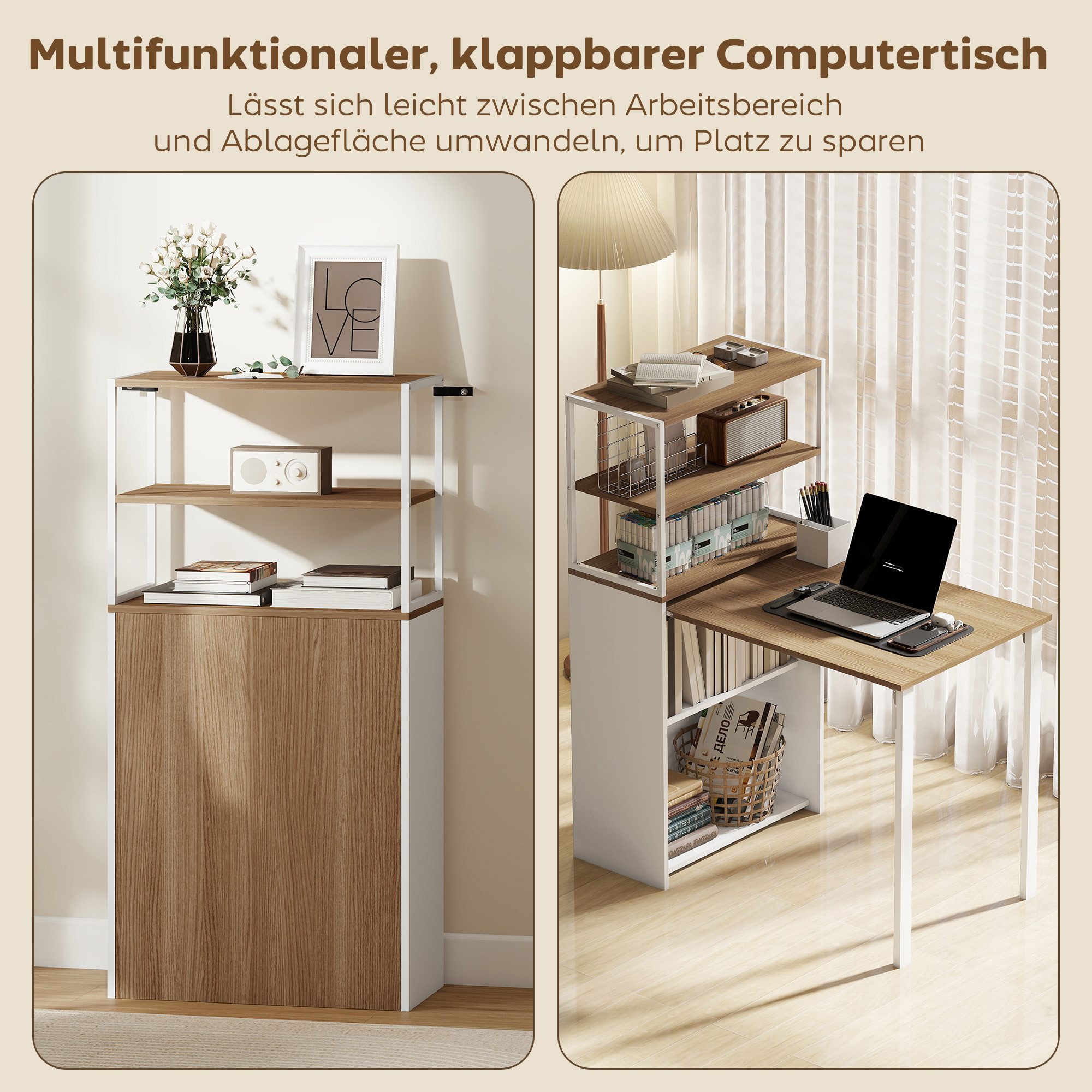 HOMCOM Schreibtisch Klappbarer Küchentisch mit 4 Regal Arbeitstisch Büroregal (Computertisch, 1-St., Schreibtisch mit 4 Regale), für Arbeitszimmer, Wohnzimmer,  – Bild 4 von 5