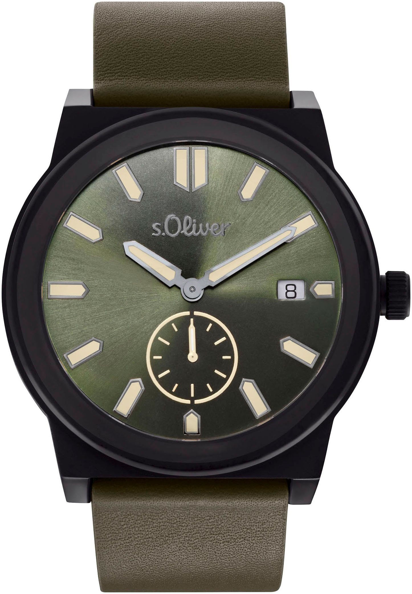 s.Oliver Quarzuhr 2035442, Armbanduhr, Herrenuhr, Datum, dezentrale Sekunde, analog, Lederarmband