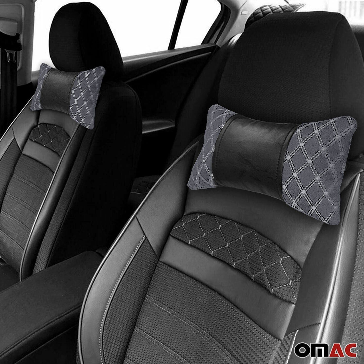 OMAC Autokopfstütze 2 Stück KFZ Auto Nackenkissen Textil & Leder Schwarz Grau 8x30
