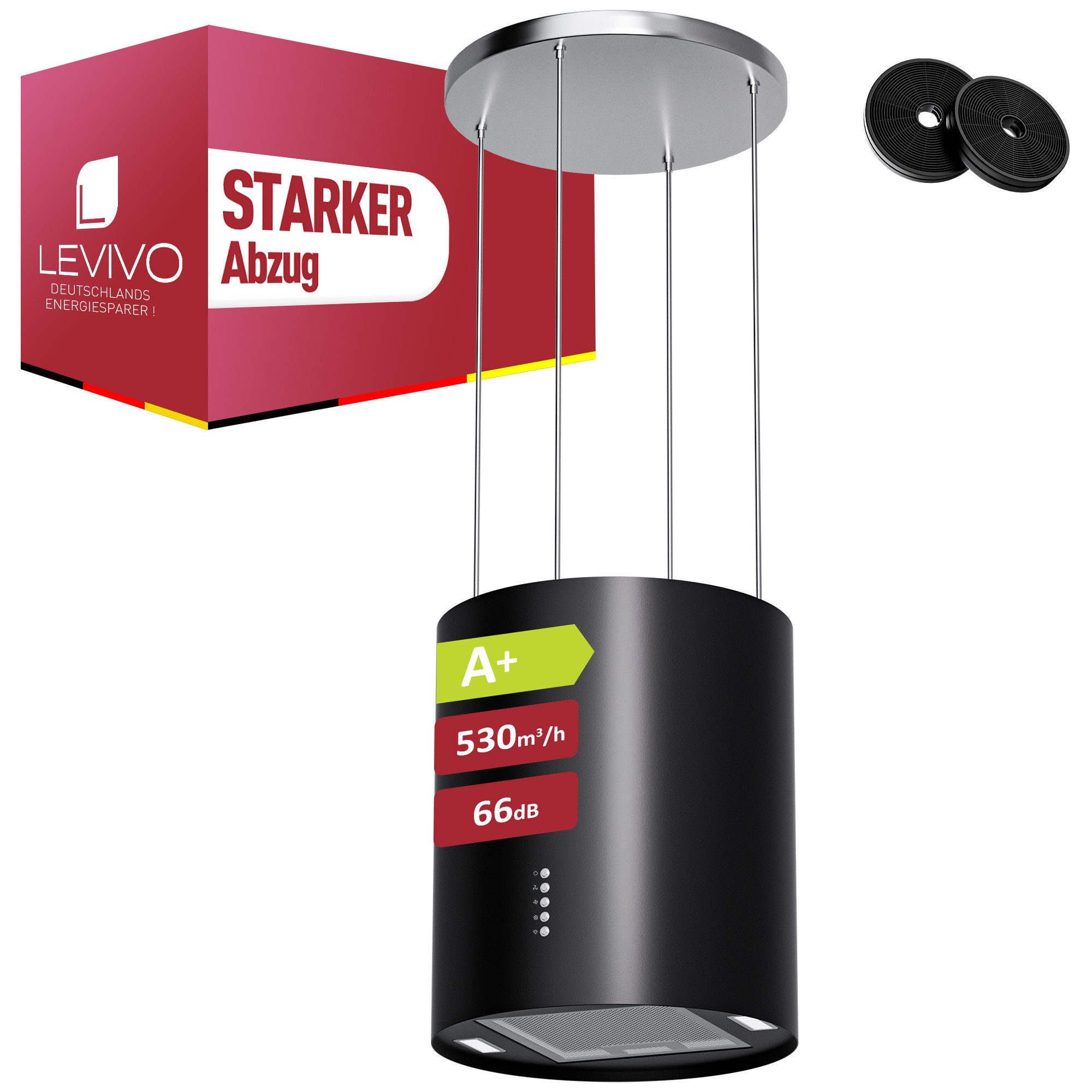Levivo Inselhaube A+ Inselhaube Umluft Freihängend mit 530 m³/h Luftleistung A+ Inselhaube Umluft Freihängend mit 530 m³/h Luftleistung, Aktivkohlefiltern, Fettfiltern, LED-Beleuchtung