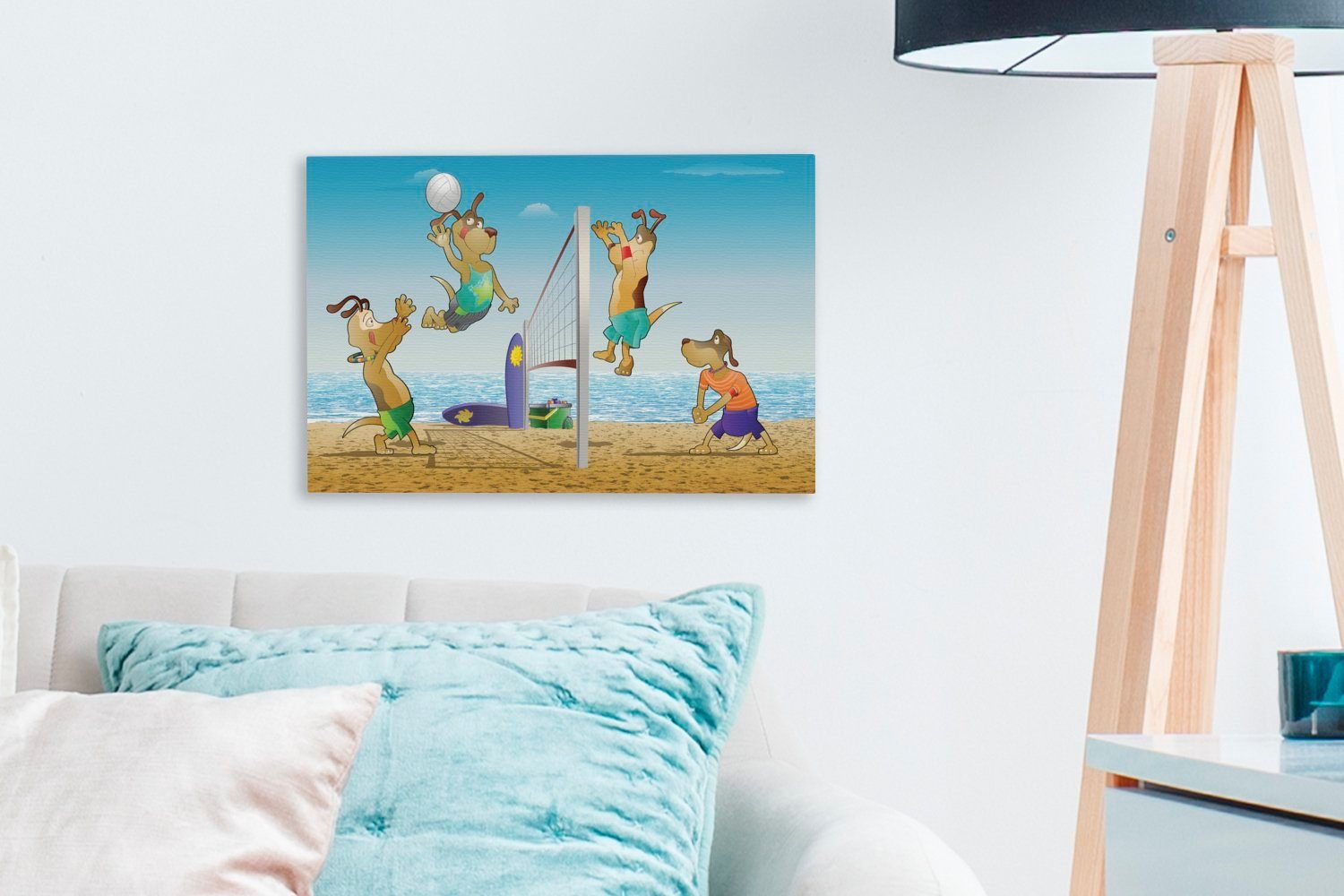 Eine OneMillionCanvasses® 30x20 Leinwandbild cm Wandbild Beachvolleyballspiels, Illustration Aufhängefertig, Leinwandbilder, eines St), (1 Wanddeko,