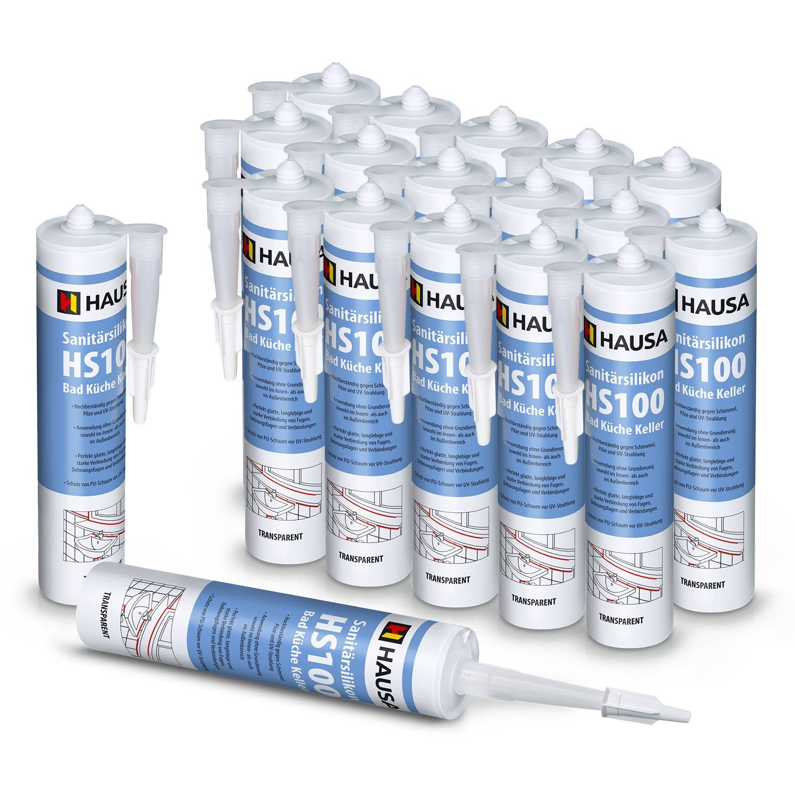 Hausa Silikon Dichtmasse Fuge, Sanitär Silikon HS100, Kartusche 310 ml, (schimmelresistent, 18-tlg., Verfugen Bad Dusche Küche acetatvernetzend), antischimmel Sanitär Silikon zum Abdichten